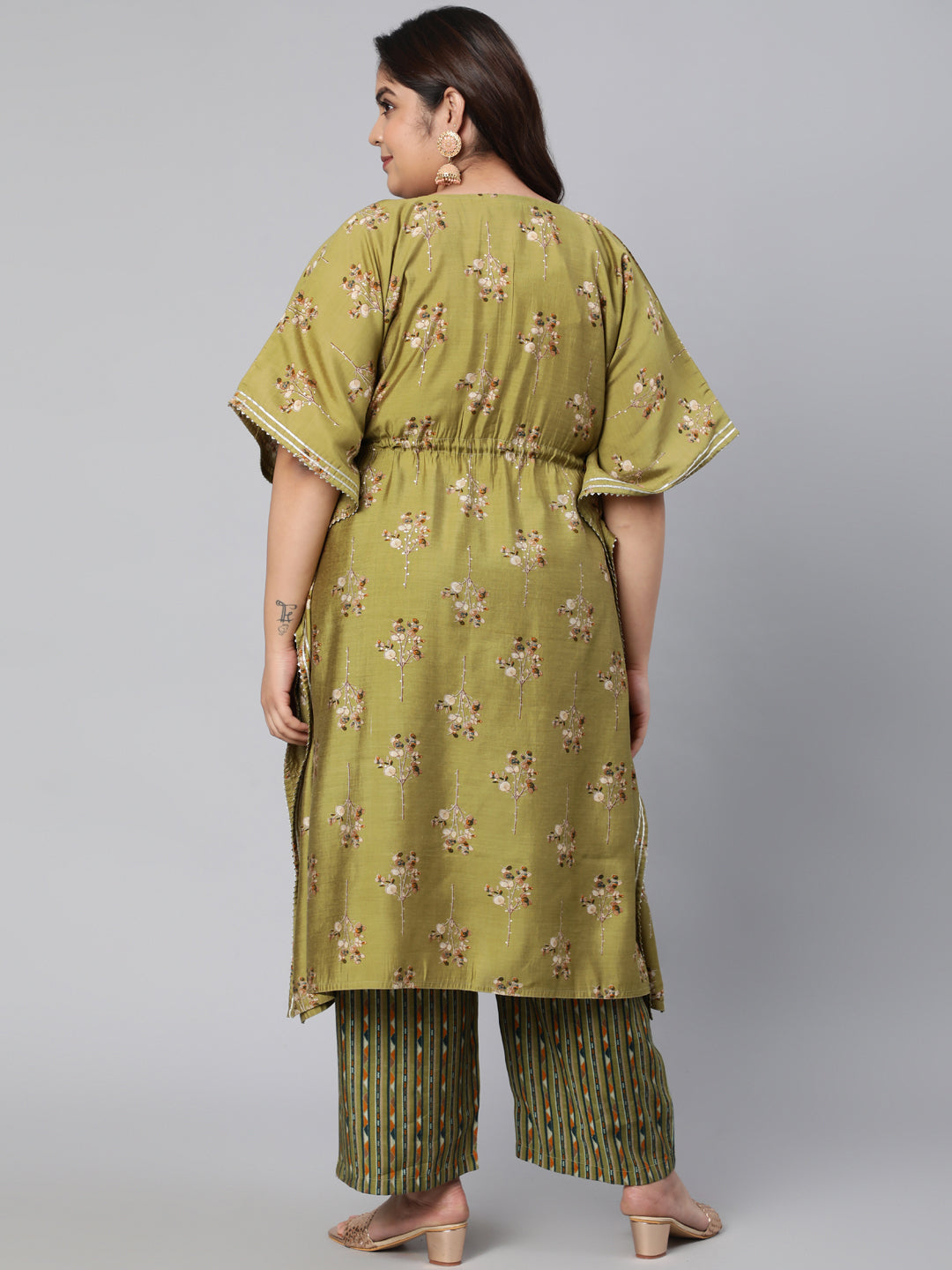 Green Chanderi Printed Kaftan With Pant