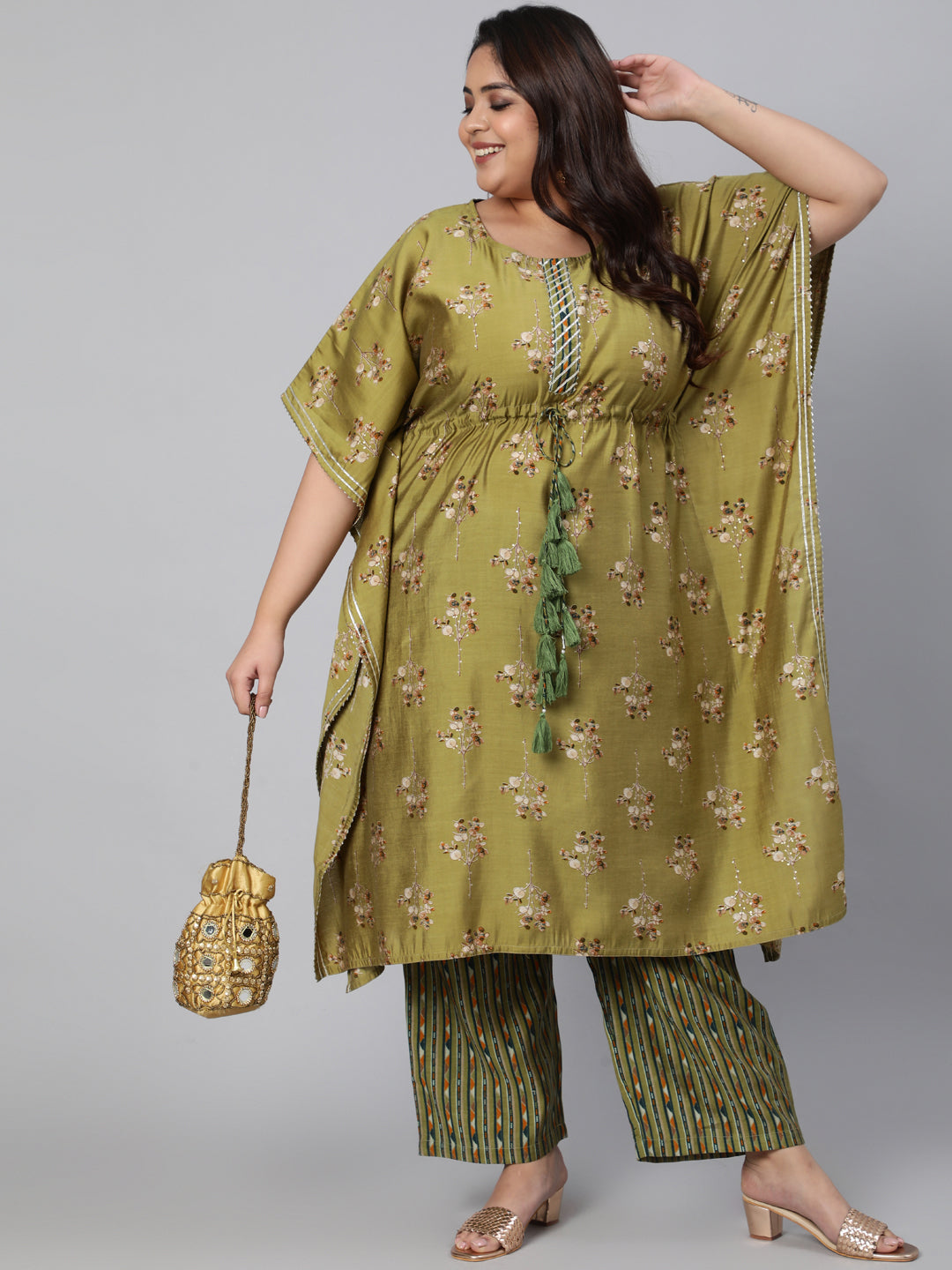 Green Chanderi Printed Kaftan With Pant