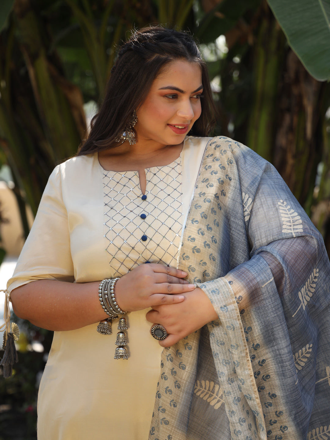 Women Beige Yoke Design Kurta With Trousers & Dupatta