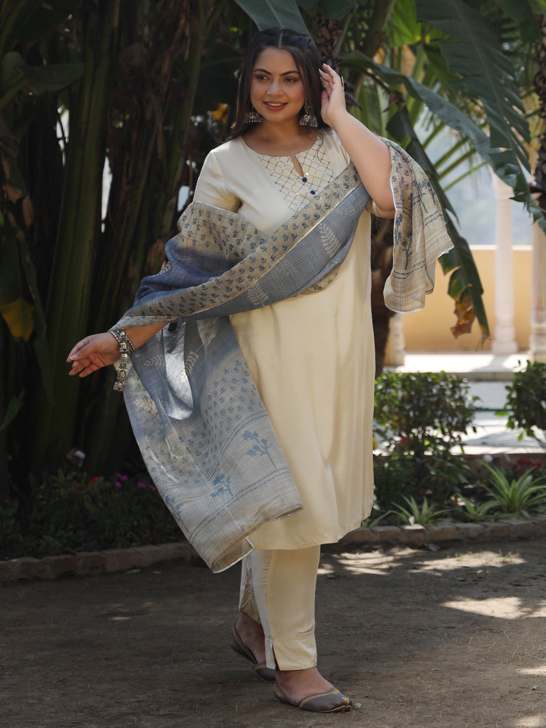 Women Beige Yoke Design Kurta With Trousers & Dupatta