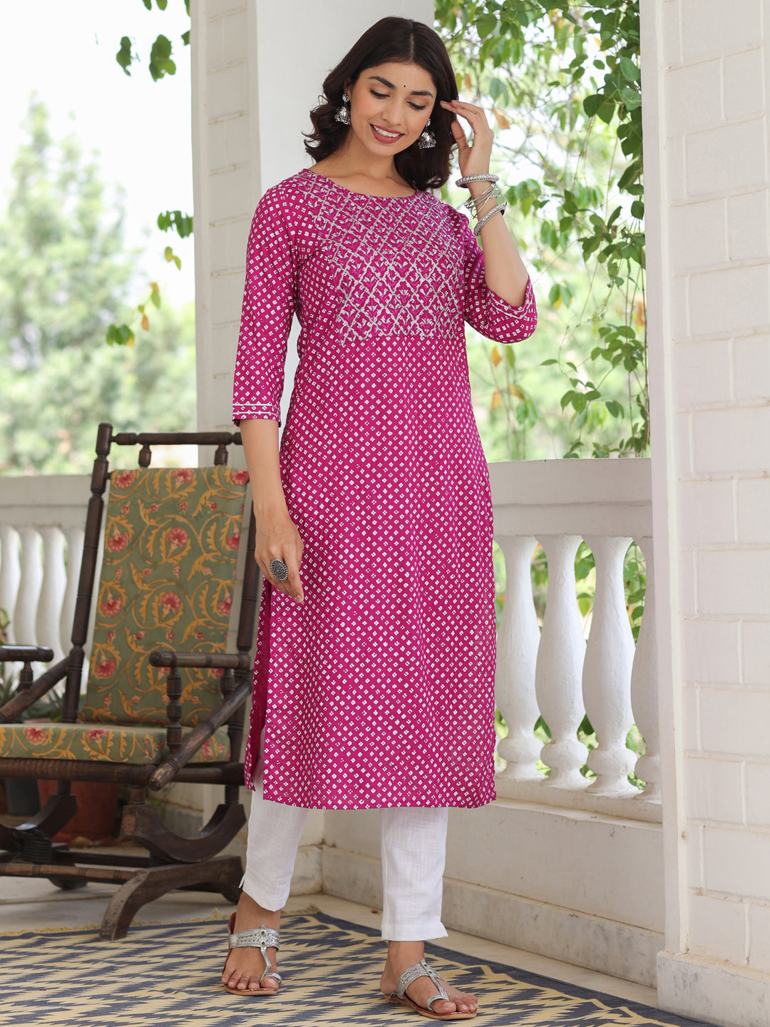 Magenta Ethnic Printed Straight Rayon Kurta With Embroidered Yoke And Cotton Pants