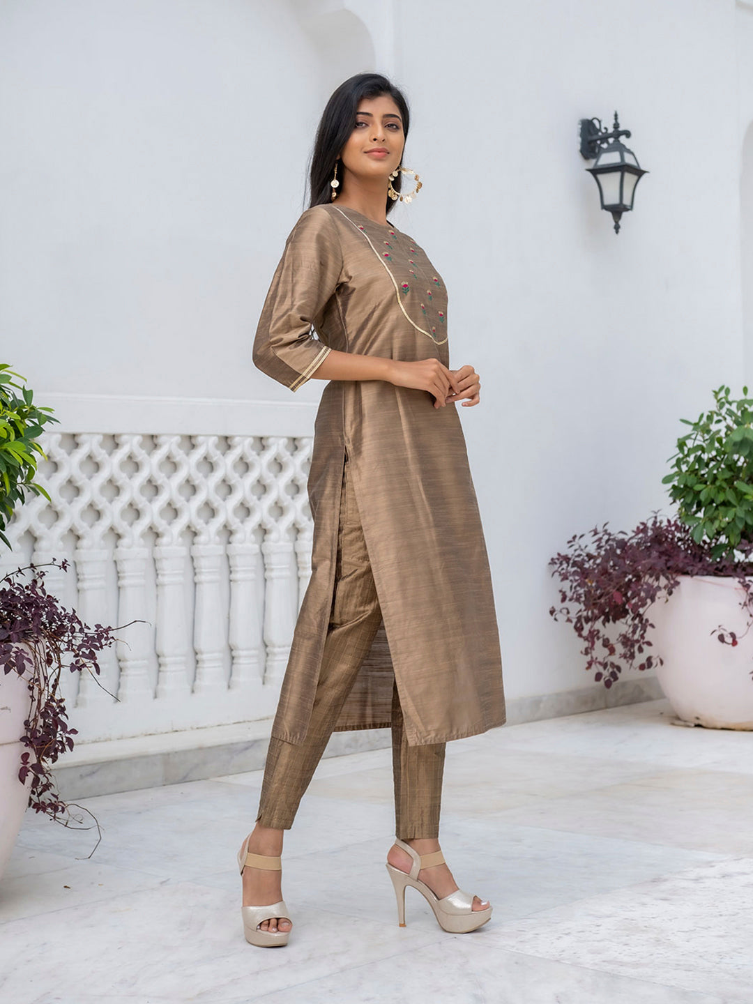 Silk Embroidered Straight Kurta with Pants