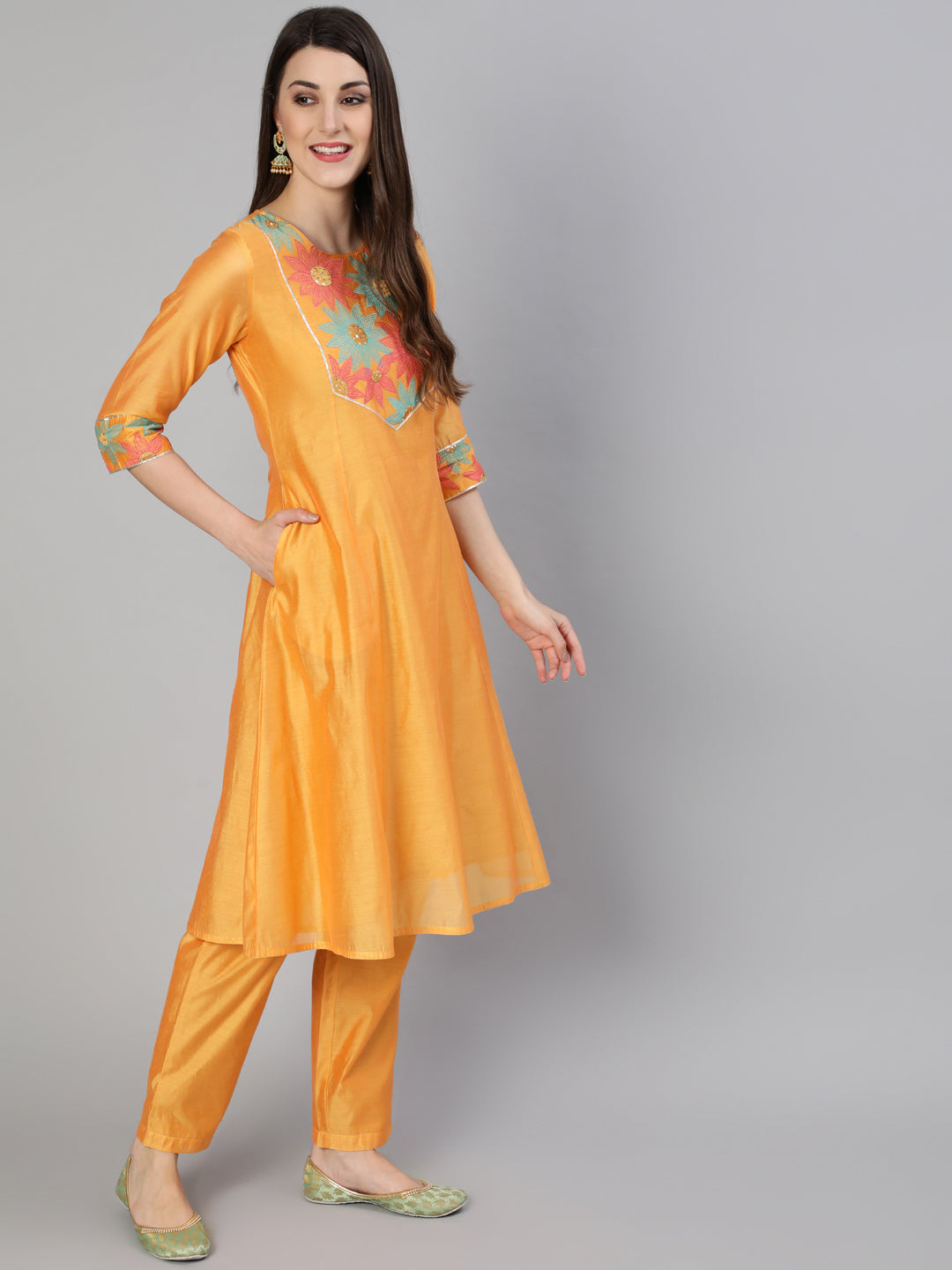 Yellow Chanderi Embroidered A-Line Princess-Cut Kurta With Pants
