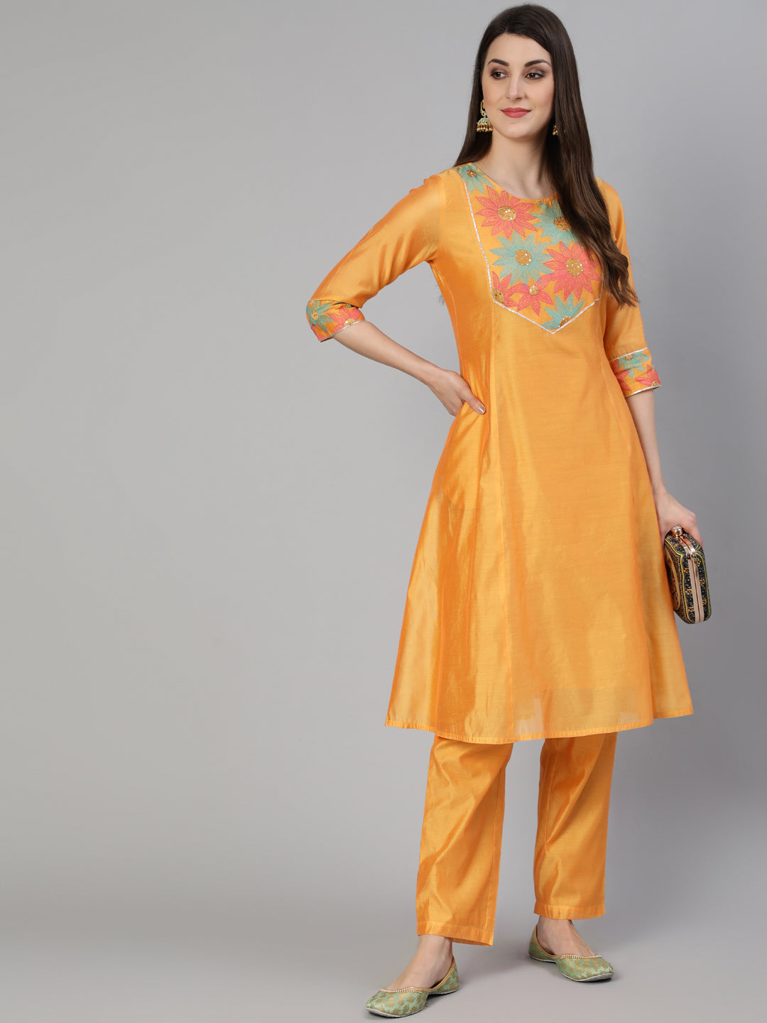Yellow Chanderi Embroidered A-Line Princess-Cut Kurta With Pants