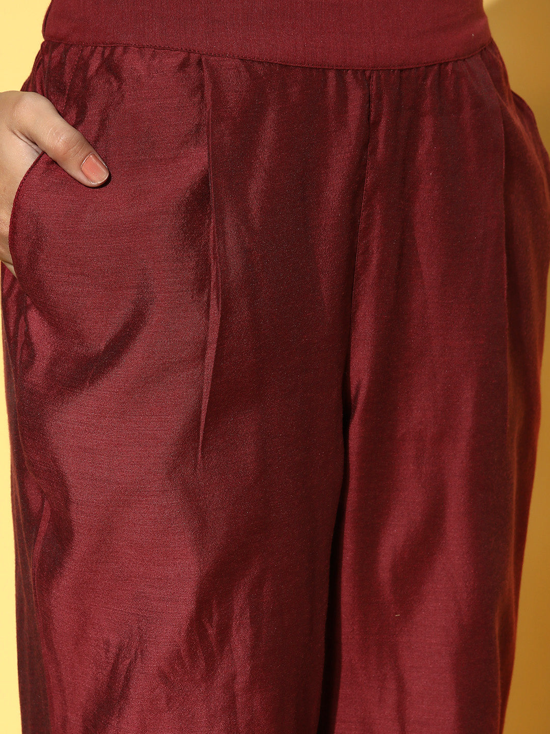 Maroon Chanderi Embroidered A-Line Princess-Cut Kurta With Pants