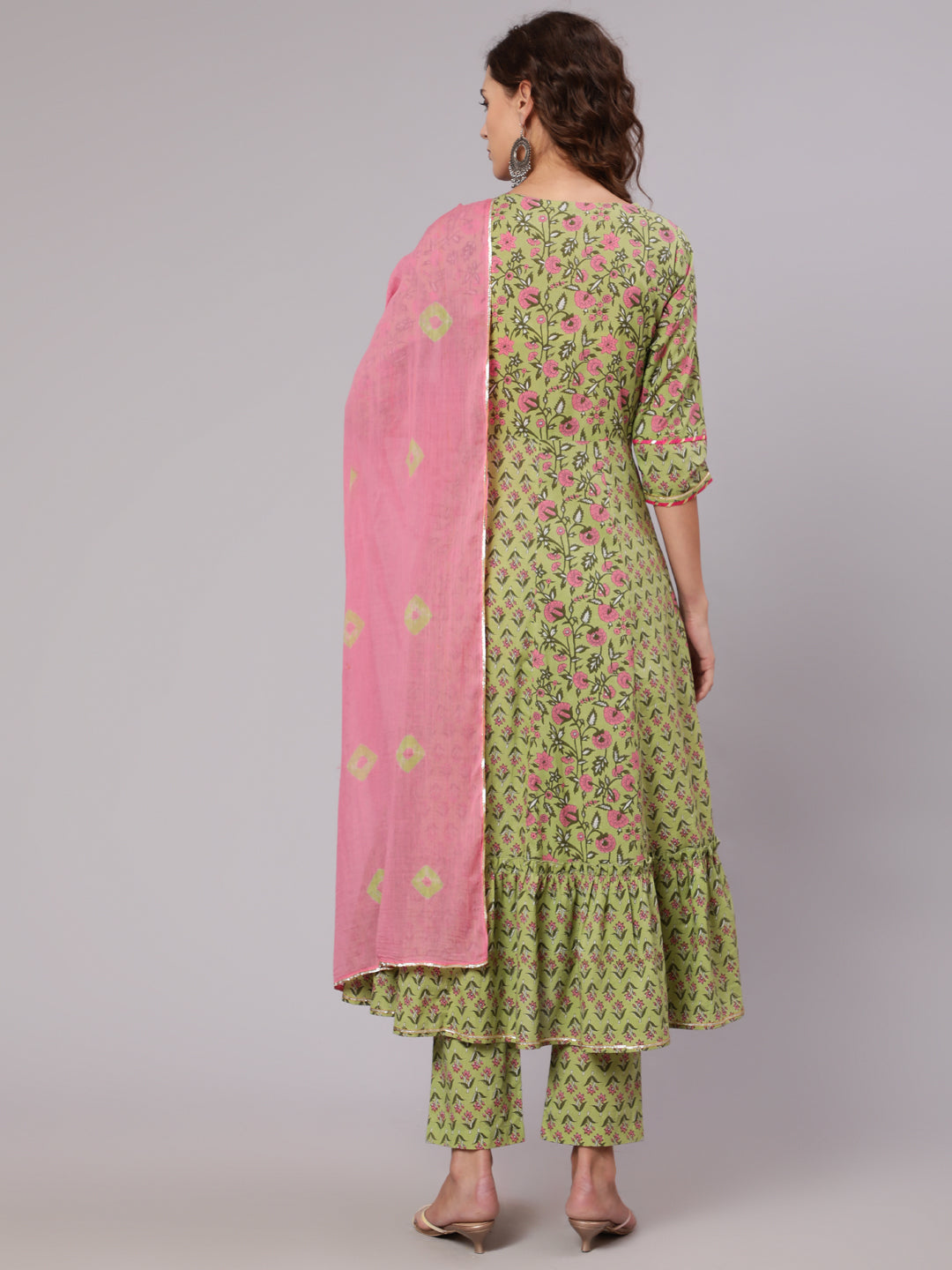 Green Ethnic Printed Gota Embellished Anarkali Suit With Pants And Tie And Dye Dupatta
