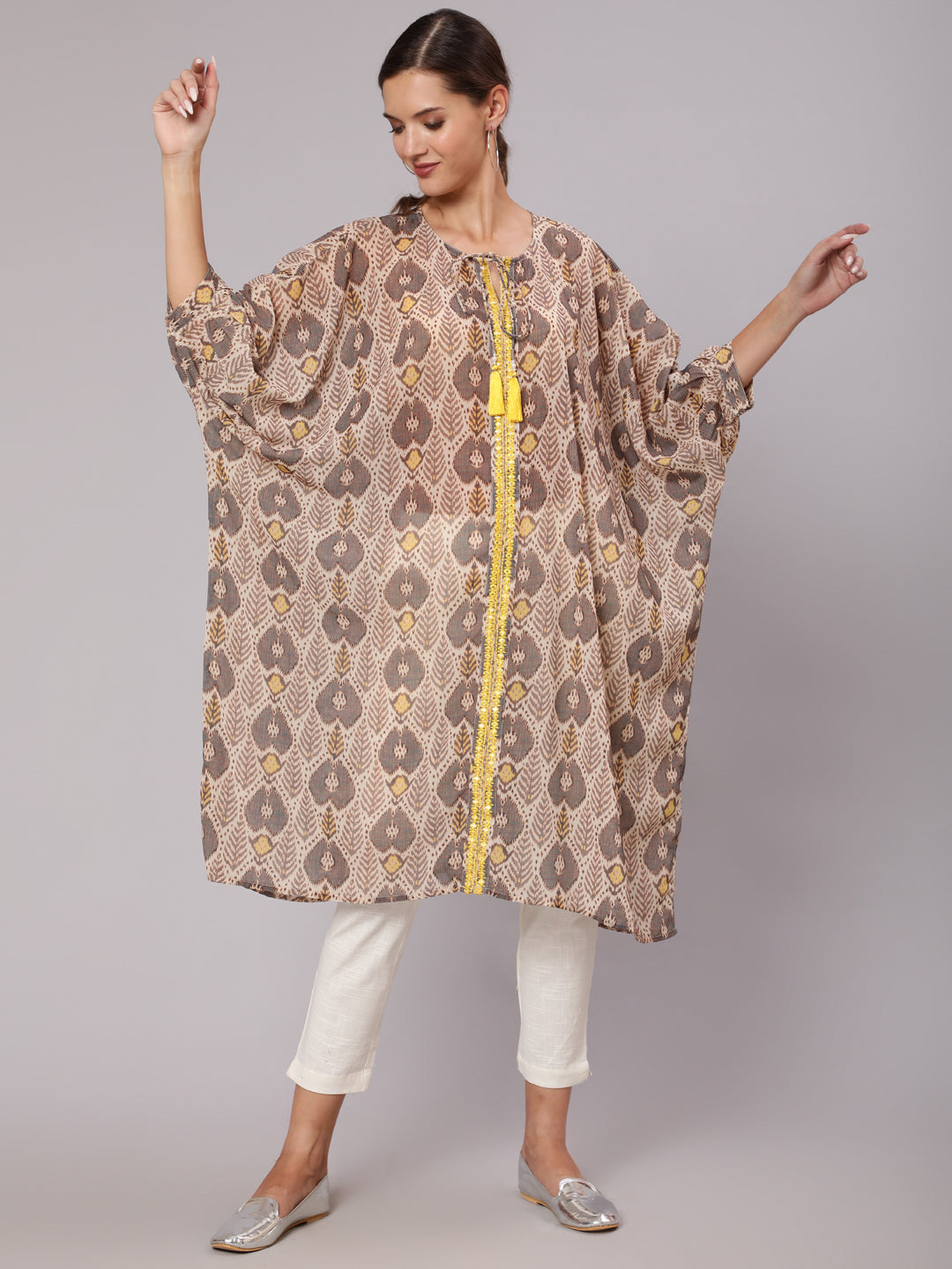 Multi Color Mirror Work Embroidered Georgette Kaftan With Tassels And Slip, Cotton White Regular Fit Trousers