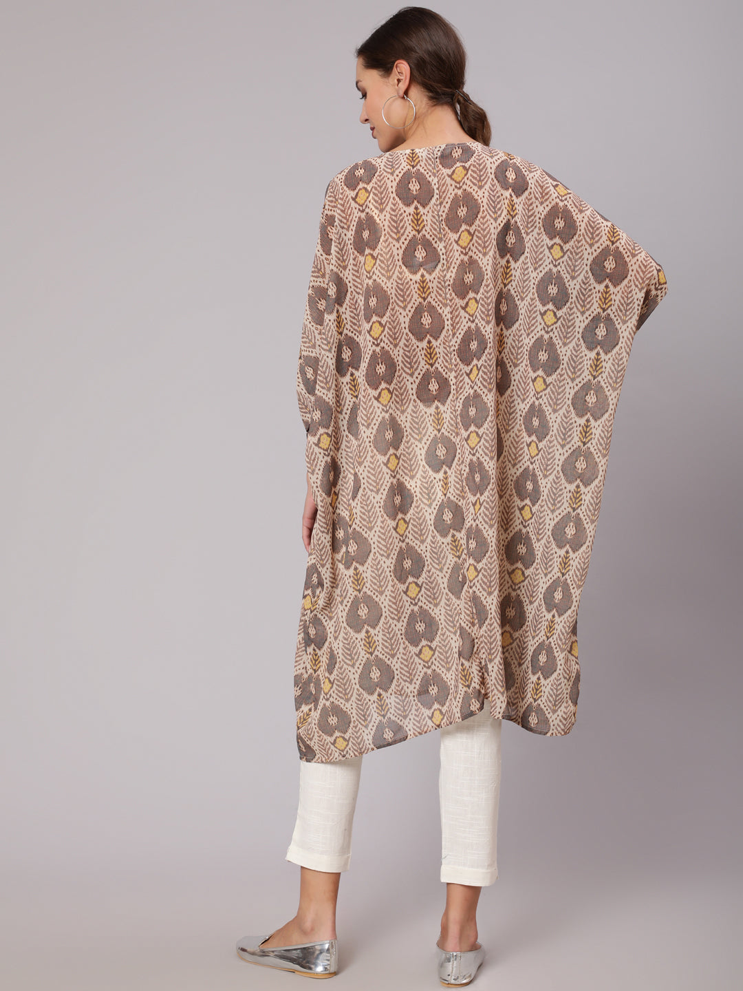 Multi Color Mirror Work Embroidered Georgette Kaftan With Tassels And Slip, Cotton White Regular Fit Trousers