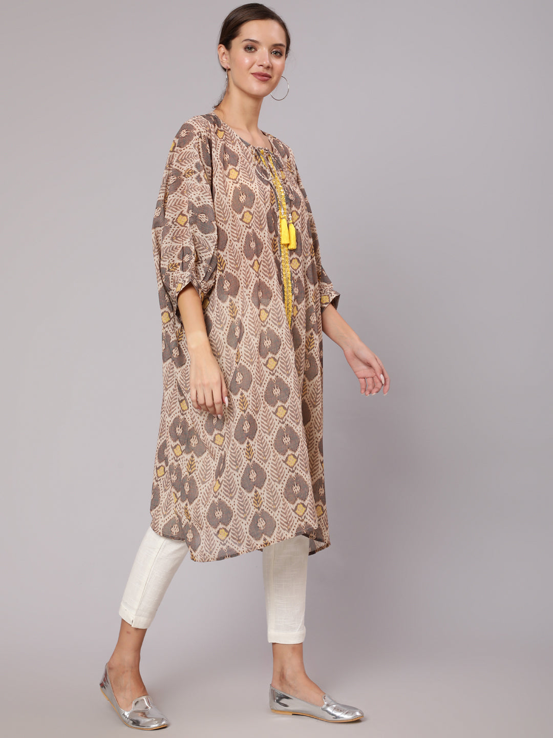 Multi Color Mirror Work Embroidered Georgette Kaftan With Tassels And Slip, Cotton White Regular Fit Trousers