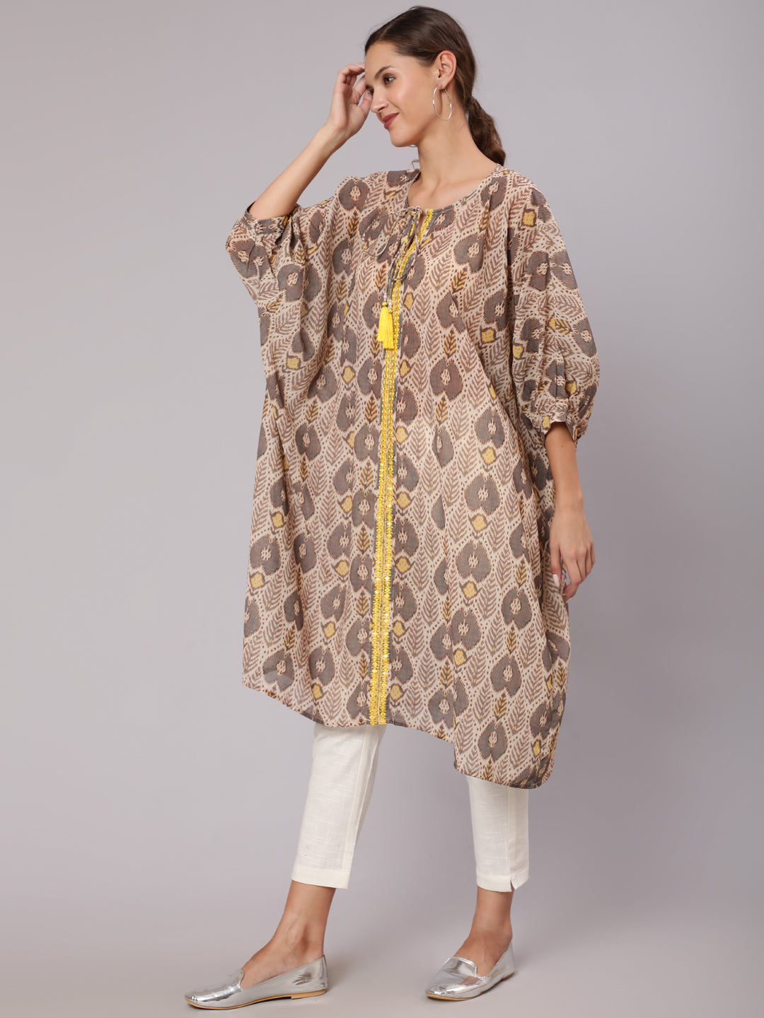 Multi Color Mirror Work Embroidered Georgette Kaftan With Tassels And Slip, Cotton White Regular Fit Trousers