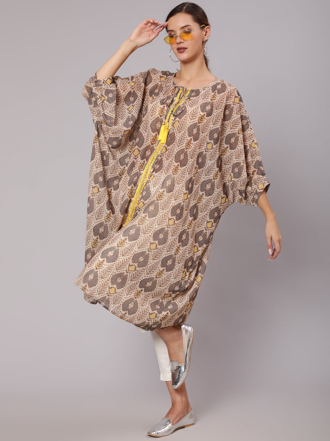 Multi Color Mirror Work Embroidered Georgette Kaftan With Tassels And Slip, Cotton White Regular Fit Trousers