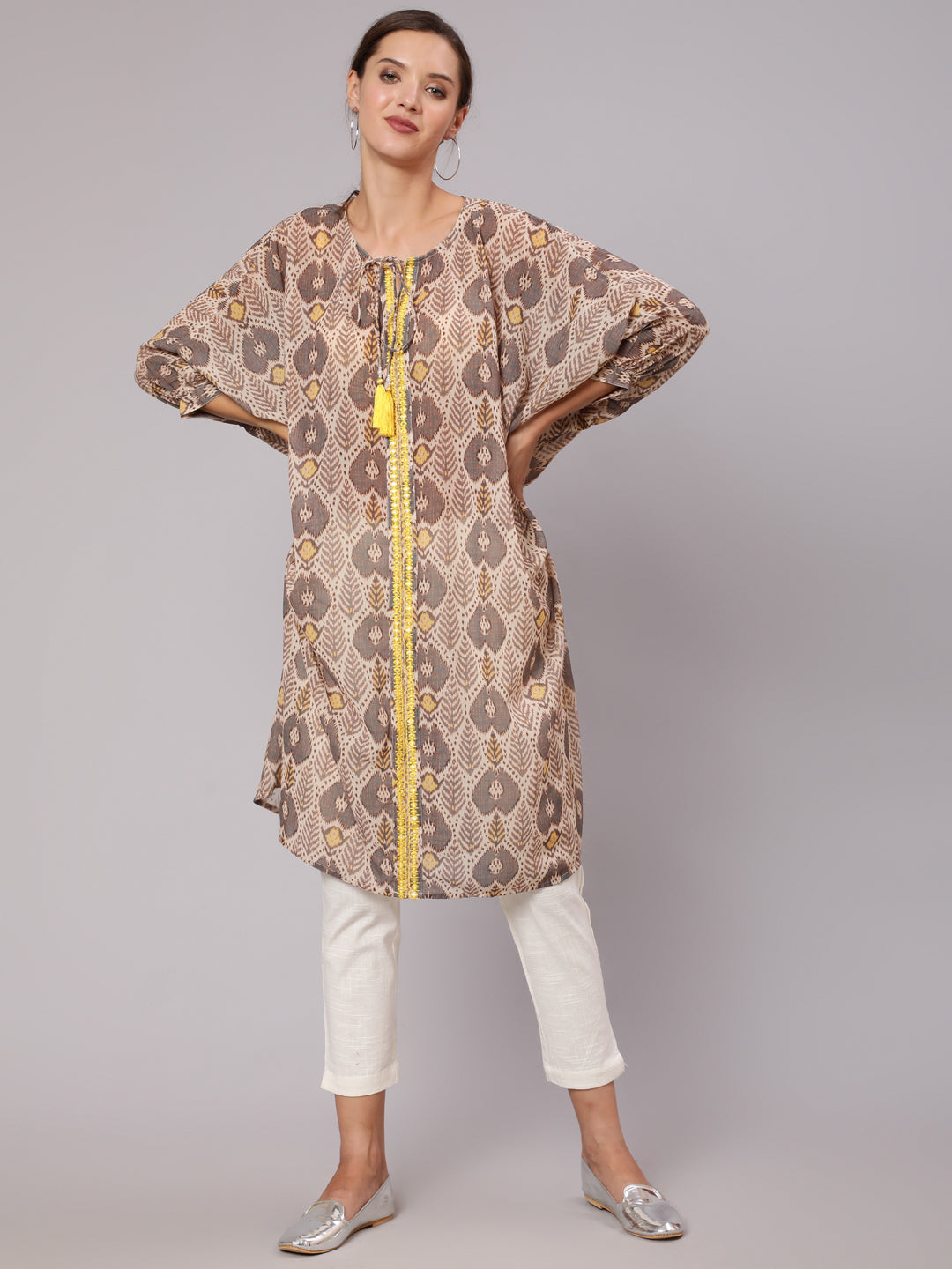 Multi Color Mirror Work Embroidered Georgette Kaftan With Tassels And Slip, Cotton White Regular Fit Trousers