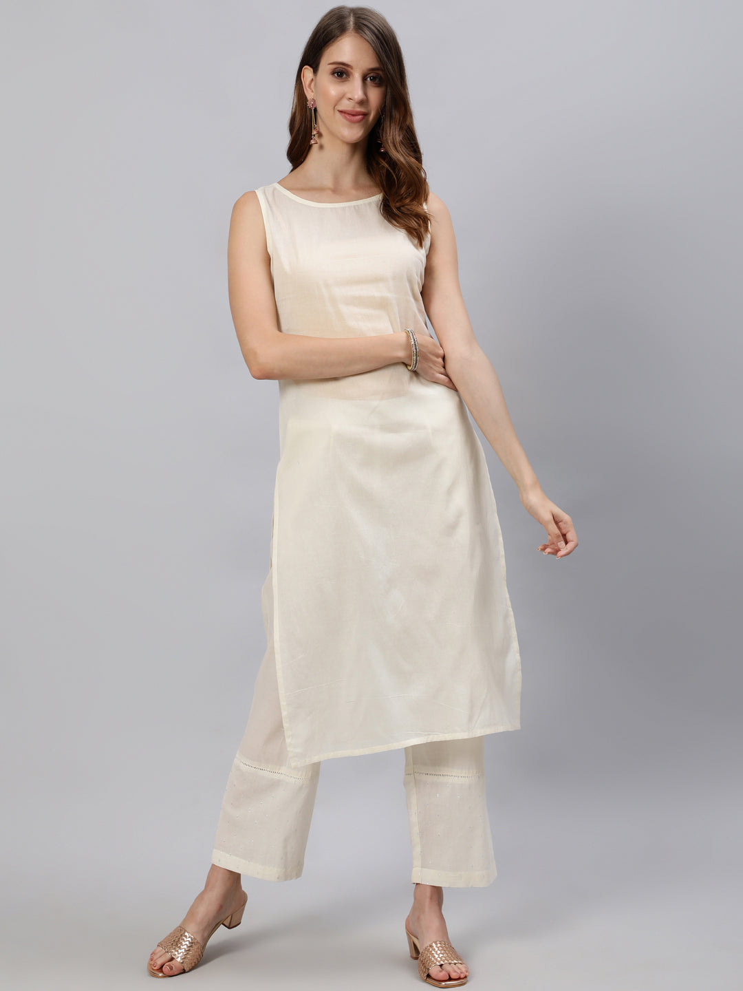 Multi Color Mirror Work Embroidered Georgette Kaftan With Tassels And Slip, Cotton White Regular Fit Trousers