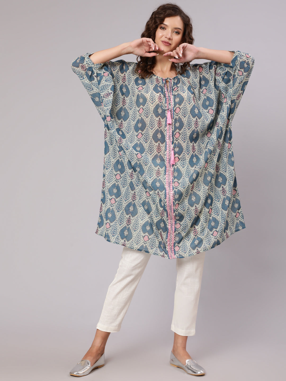 Multi Color Mirror Work Embroidered Georgette Kaftan With Tassels And Slip, Cotton White Regular Fit Trousers