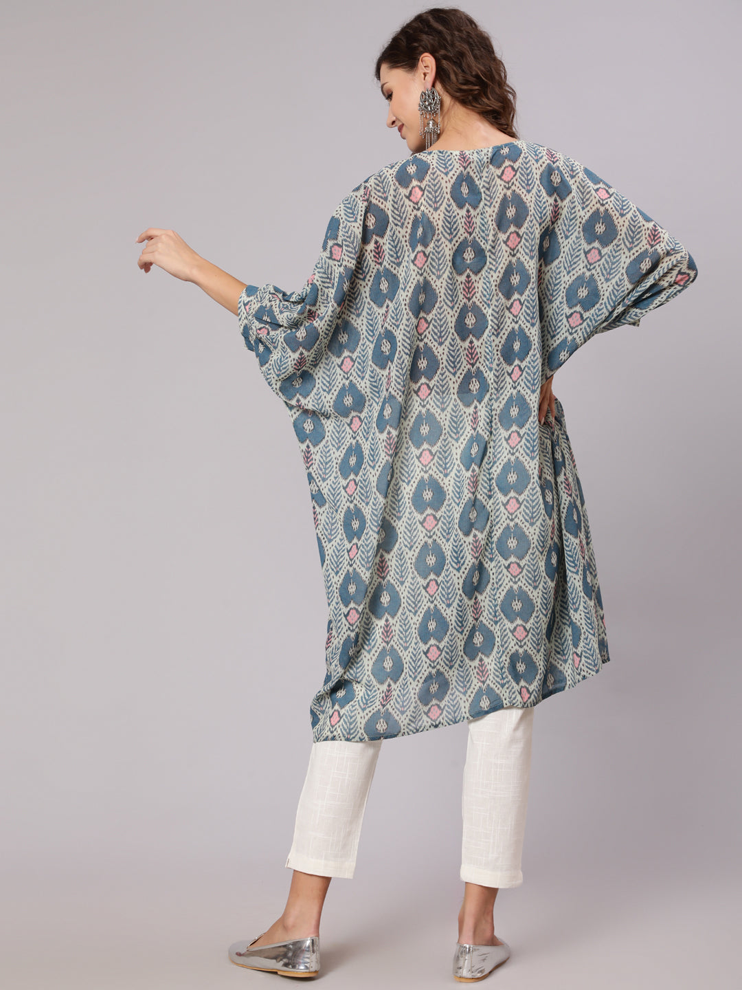 Multi Color Mirror Work Embroidered Georgette Kaftan With Tassels And Slip, Cotton White Regular Fit Trousers