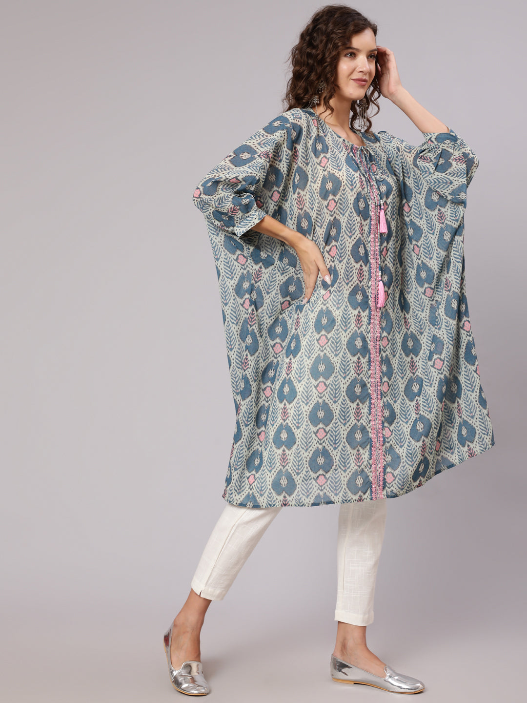 Multi Color Mirror Work Embroidered Georgette Kaftan With Tassels And Slip, Cotton White Regular Fit Trousers