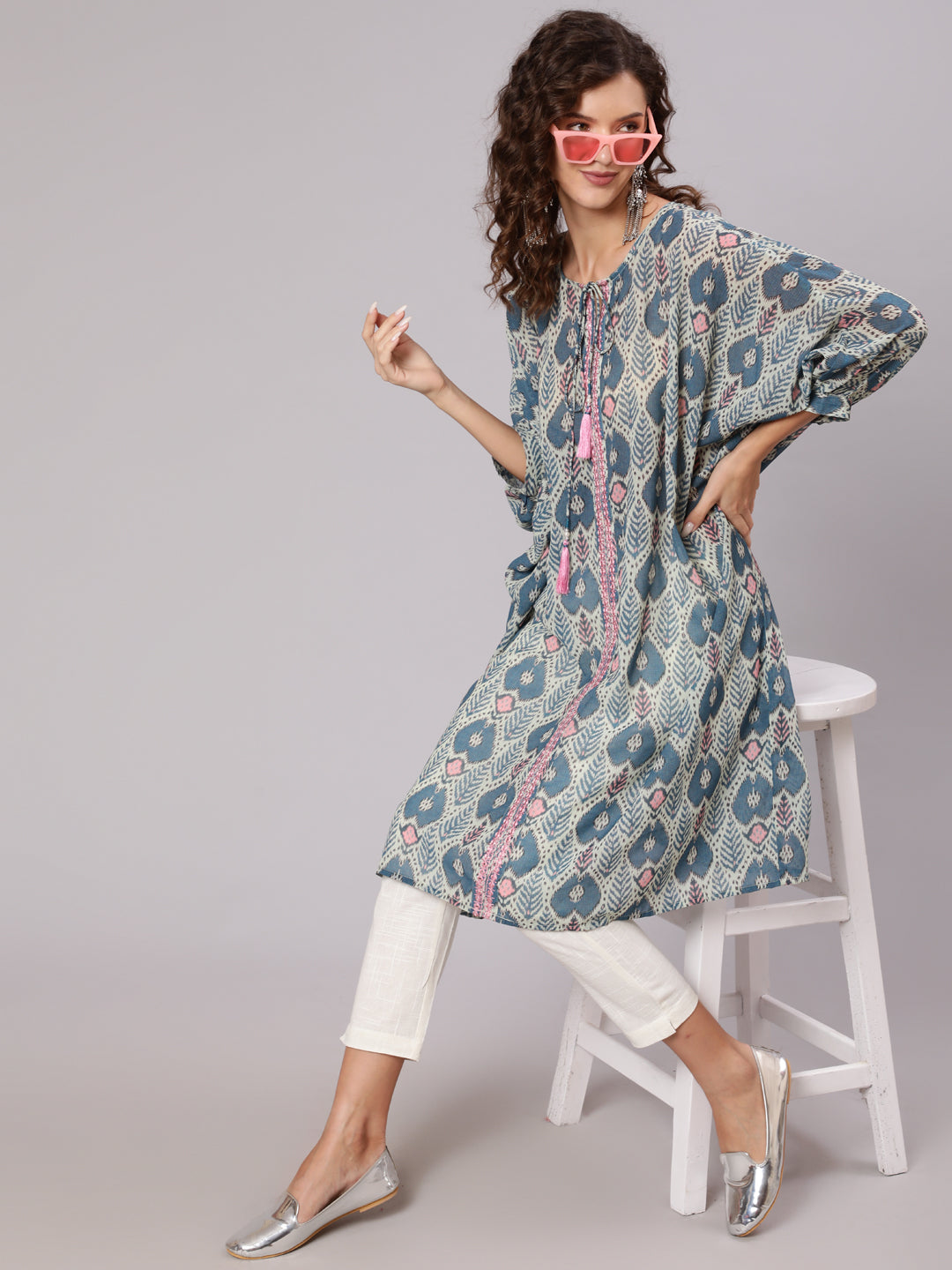 Multi Color Mirror Work Embroidered Georgette Kaftan With Tassels And Slip, Cotton White Regular Fit Trousers