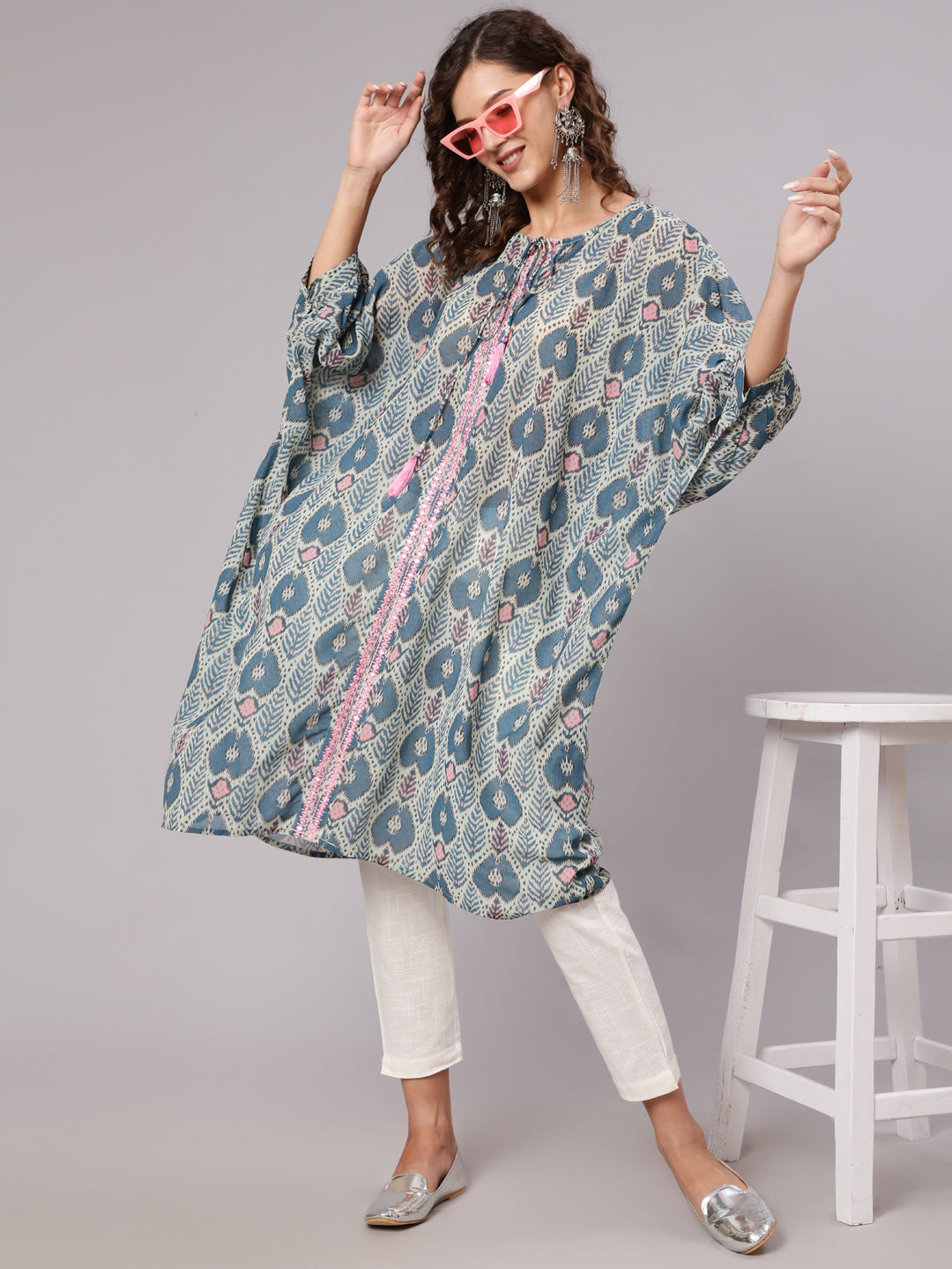 Multi Color Mirror Work Embroidered Georgette Kaftan With Tassels And Slip, Cotton White Regular Fit Trousers