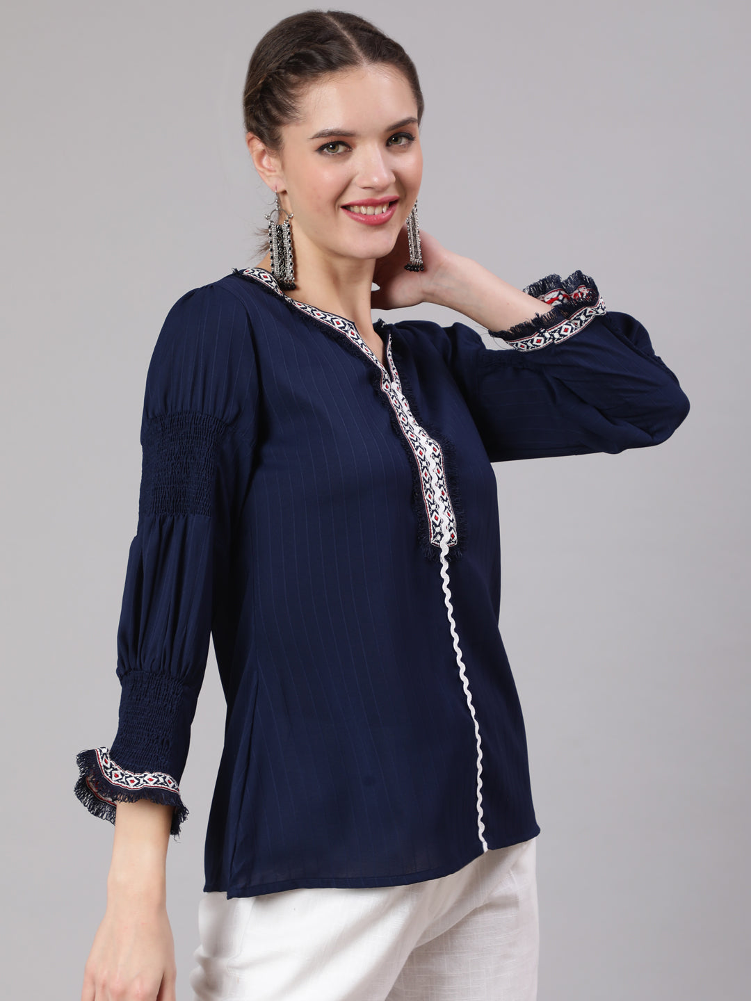 A Blue Poly Silk Lace Embellished Top With Smocked Sleeves With Wide-Leg White Pants