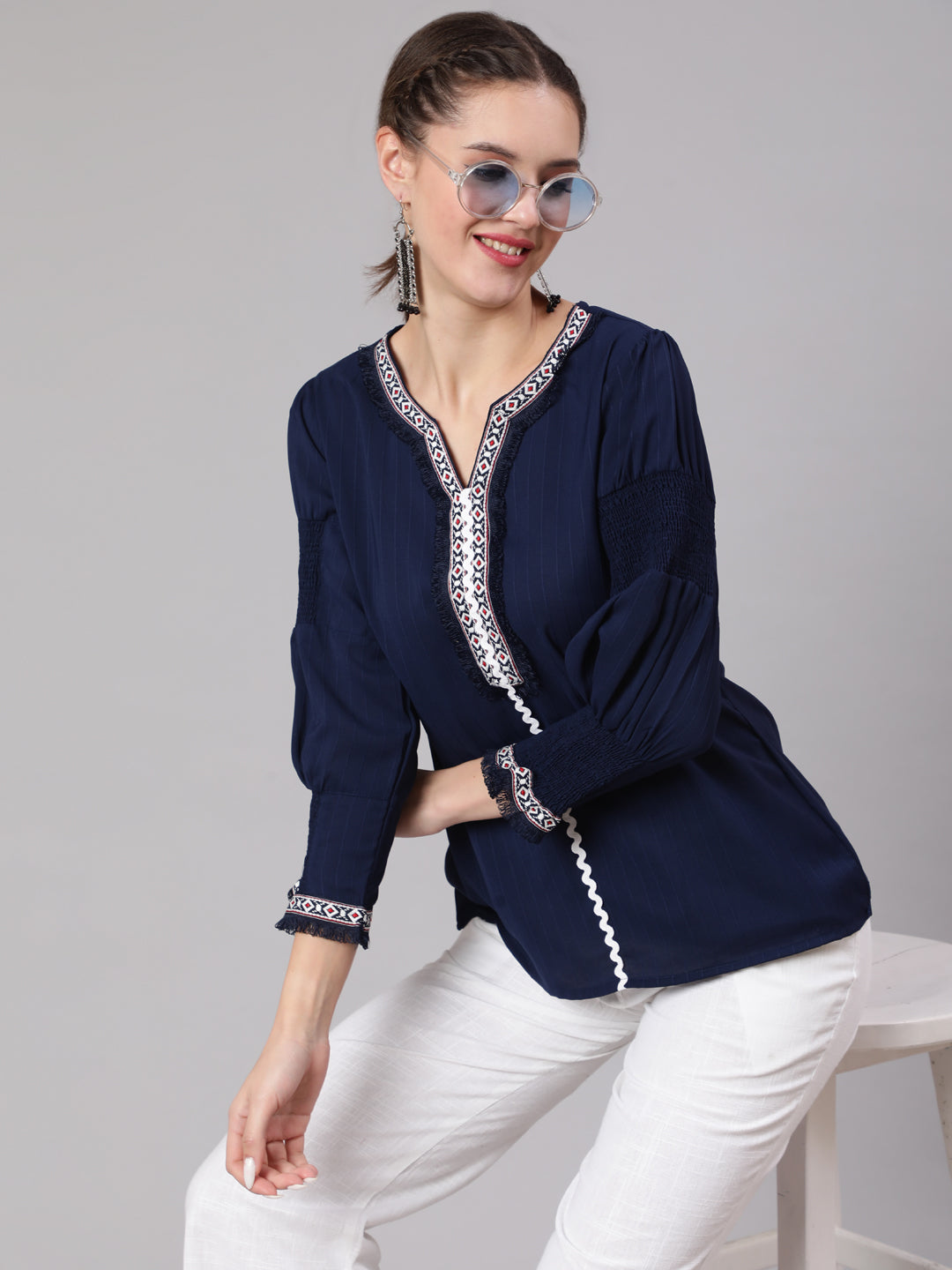 A Blue Poly Silk Lace Embellished Top With Smocked Sleeves With Wide-Leg White Pants