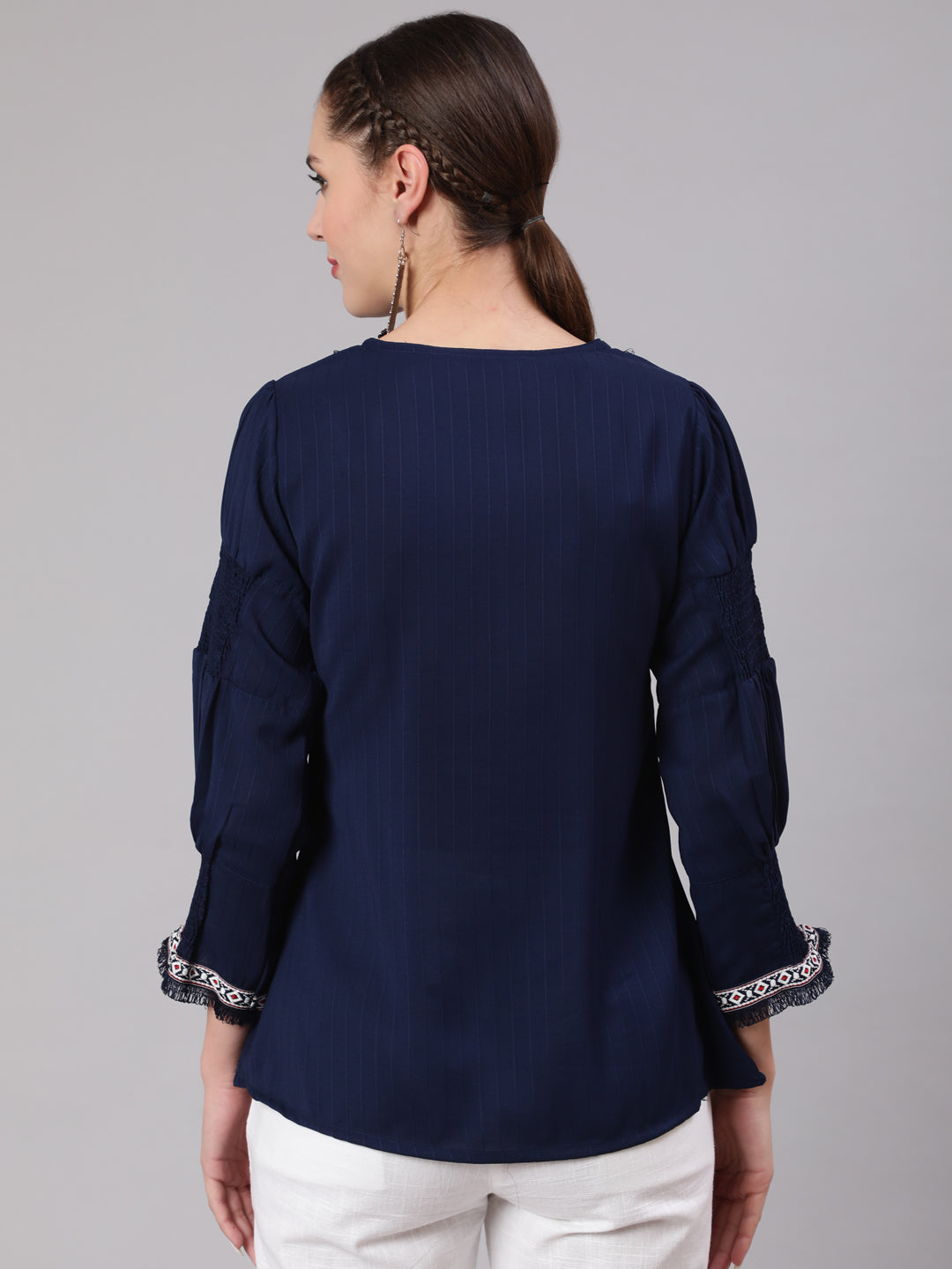 A Blue Poly Silk Lace Embellished Top With Smocked Sleeves With Wide-Leg White Pants