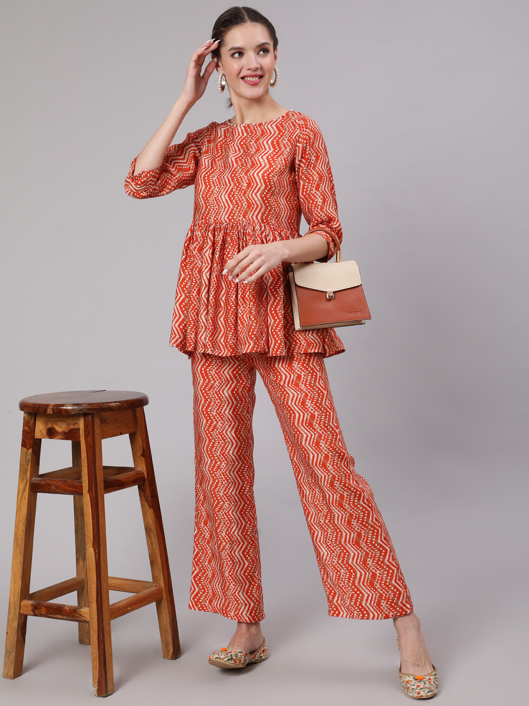 Orange Zigzag Printed Muslin Gathered Top With Printed Palazzo
