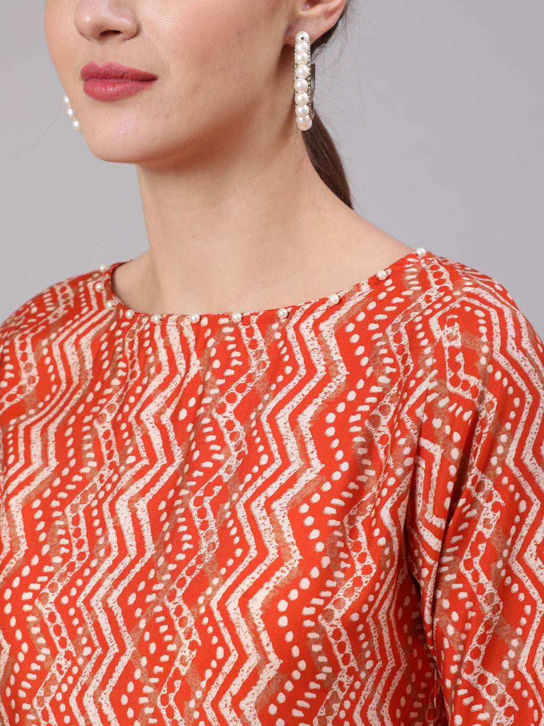Orange Zigzag Printed Muslin Gathered Top With Printed Palazzo