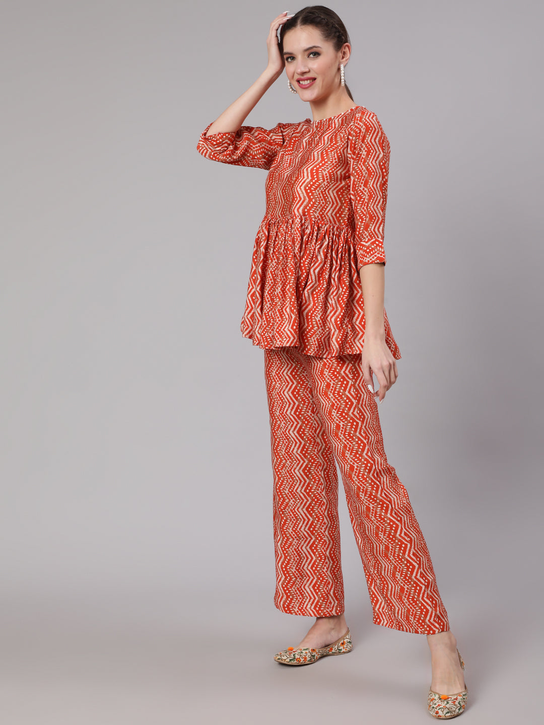 Orange Zigzag Printed Muslin Gathered Top With Printed Palazzo