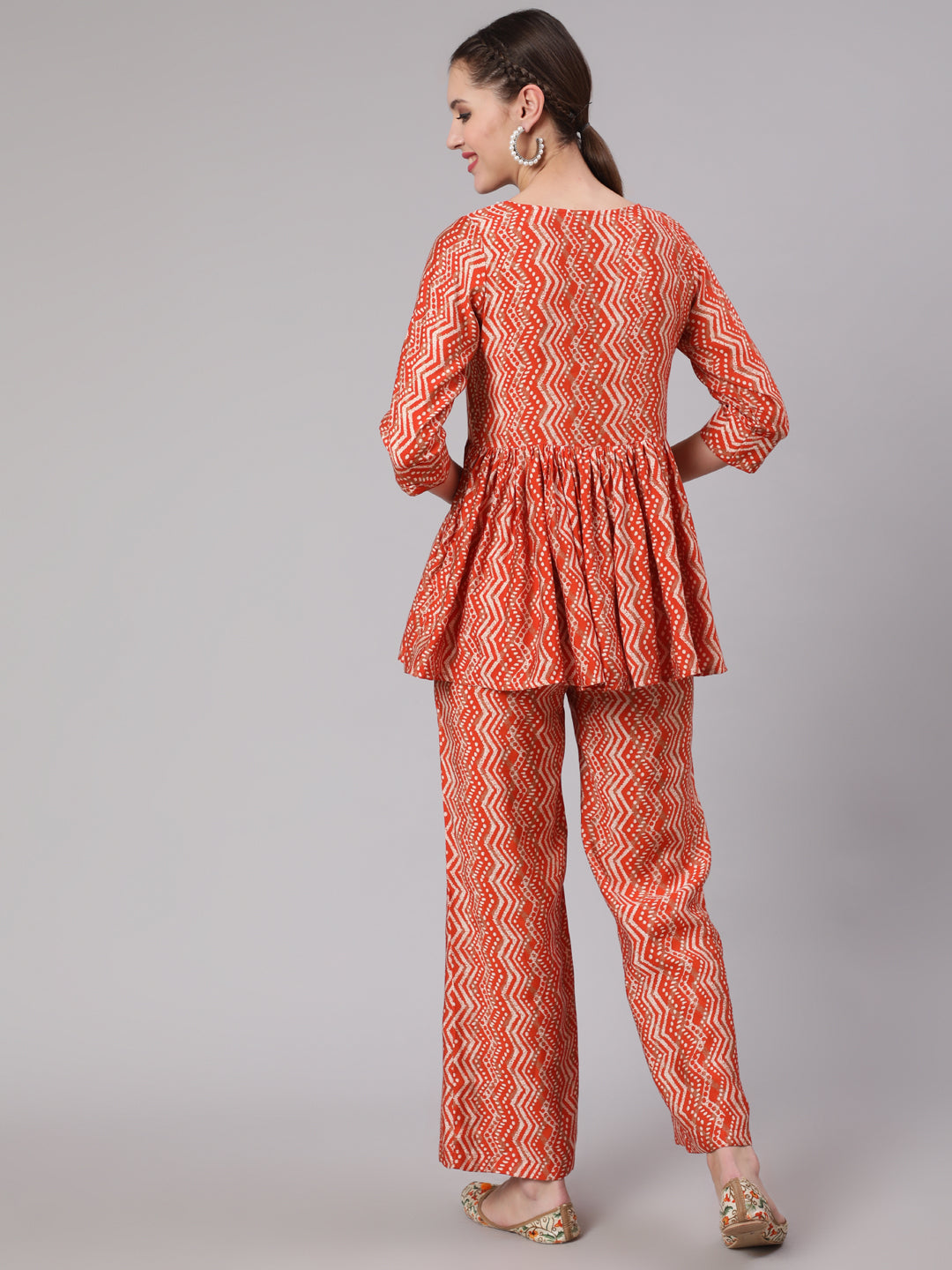 Orange Zigzag Printed Muslin Gathered Top With Printed Palazzo