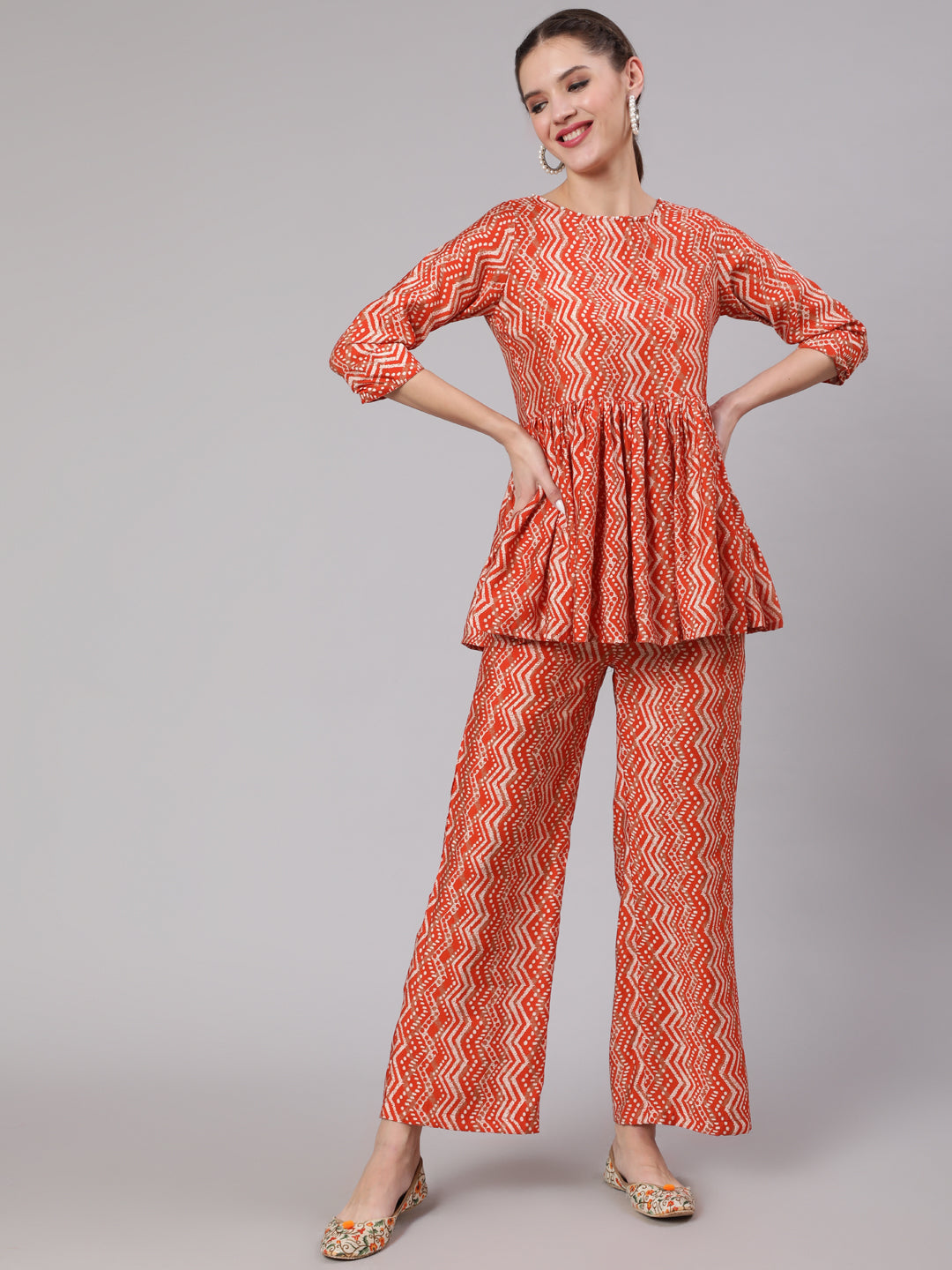 Orange Zigzag Printed Muslin Gathered Top With Printed Palazzo