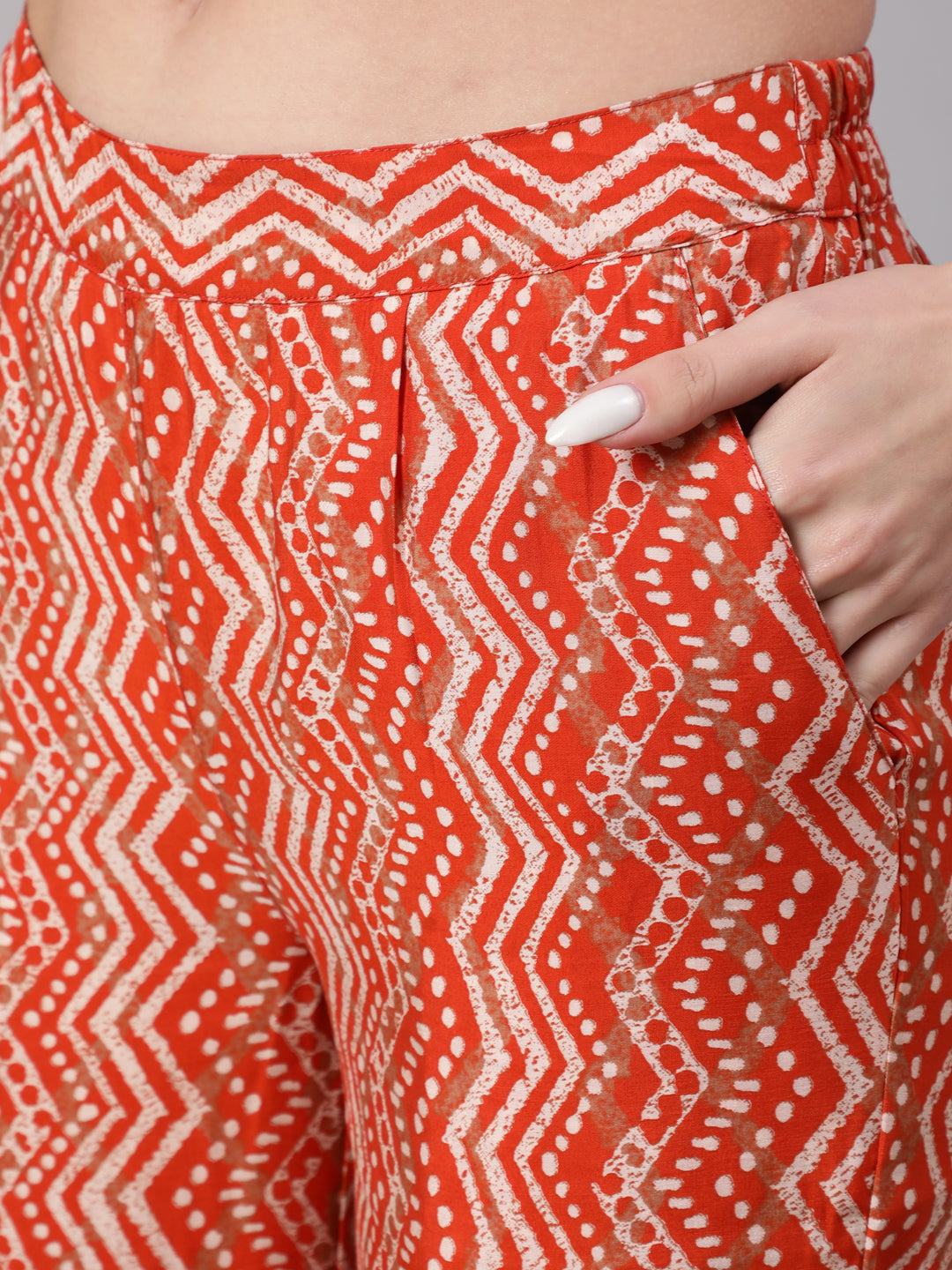 Orange Zigzag Printed Muslin Gathered Top With Printed Palazzo