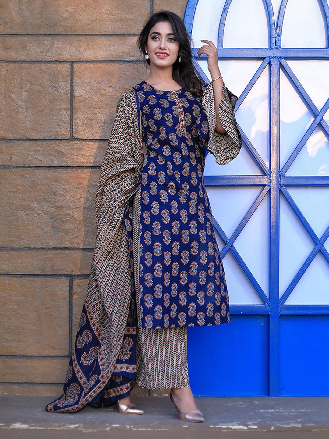 Navy Blue & Beige Ethnic Motifs Straight Cotton Kurta With Palazzo & Dupatta