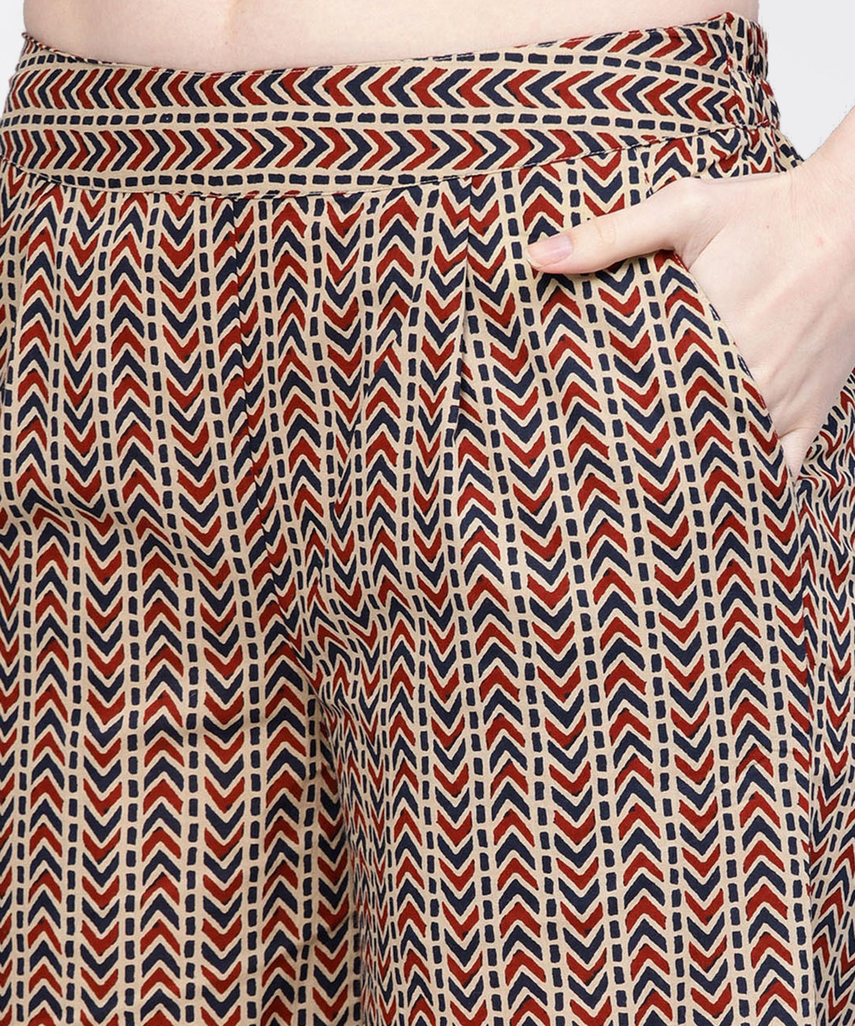 Navy Blue & Beige Ethnic Motifs Straight Cotton Kurta With Palazzo & Dupatta