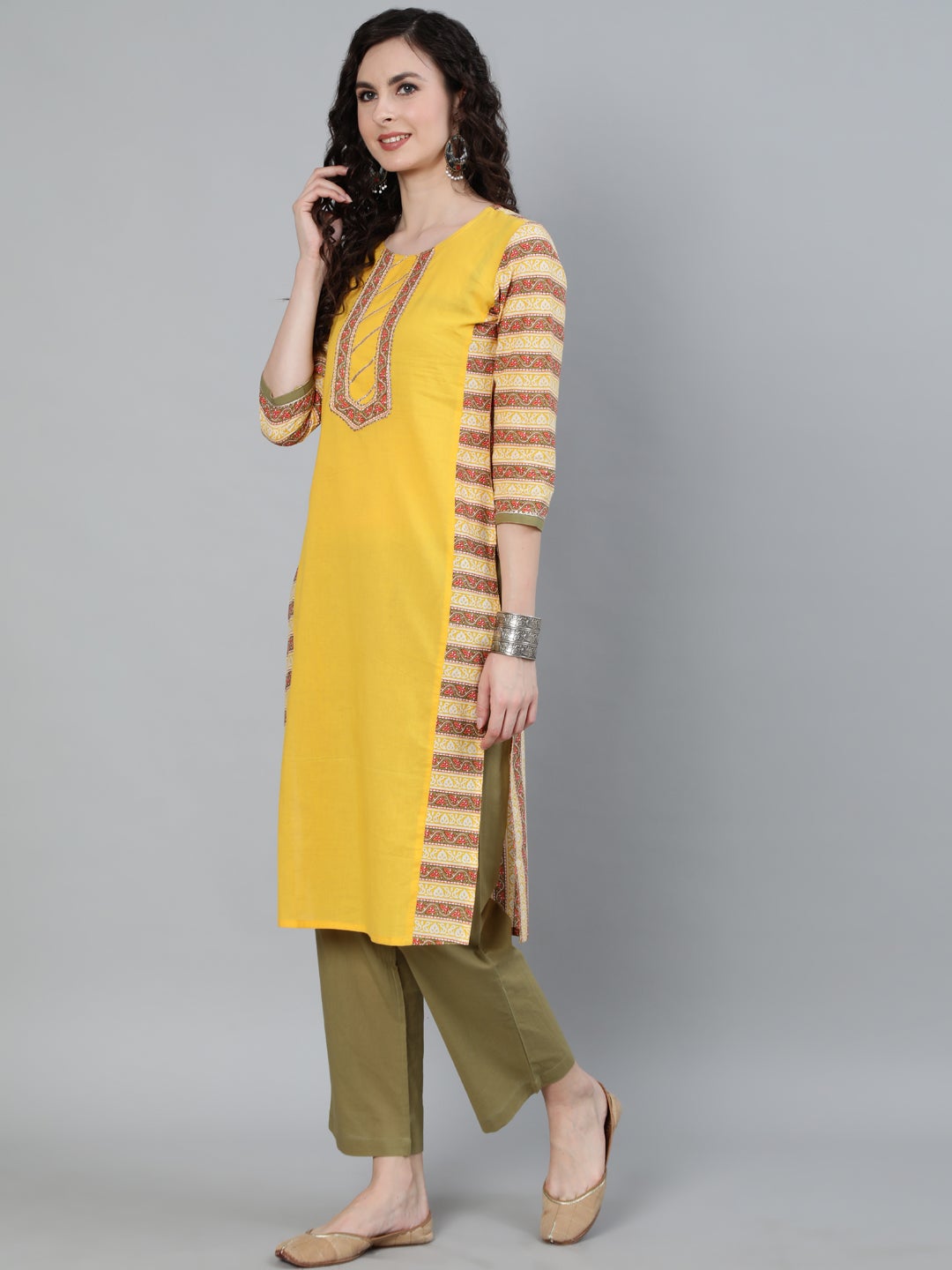 Yellow Ethnic Printed Straight Kurta With Palazzo Set