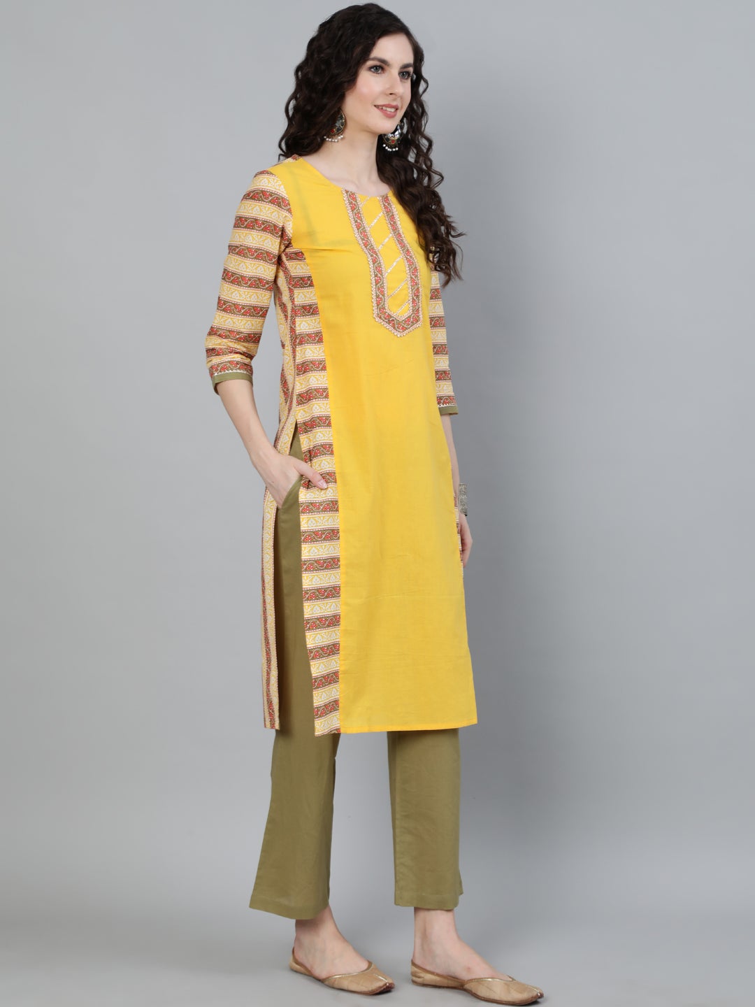 Yellow Ethnic Printed Straight Kurta With Palazzo Set