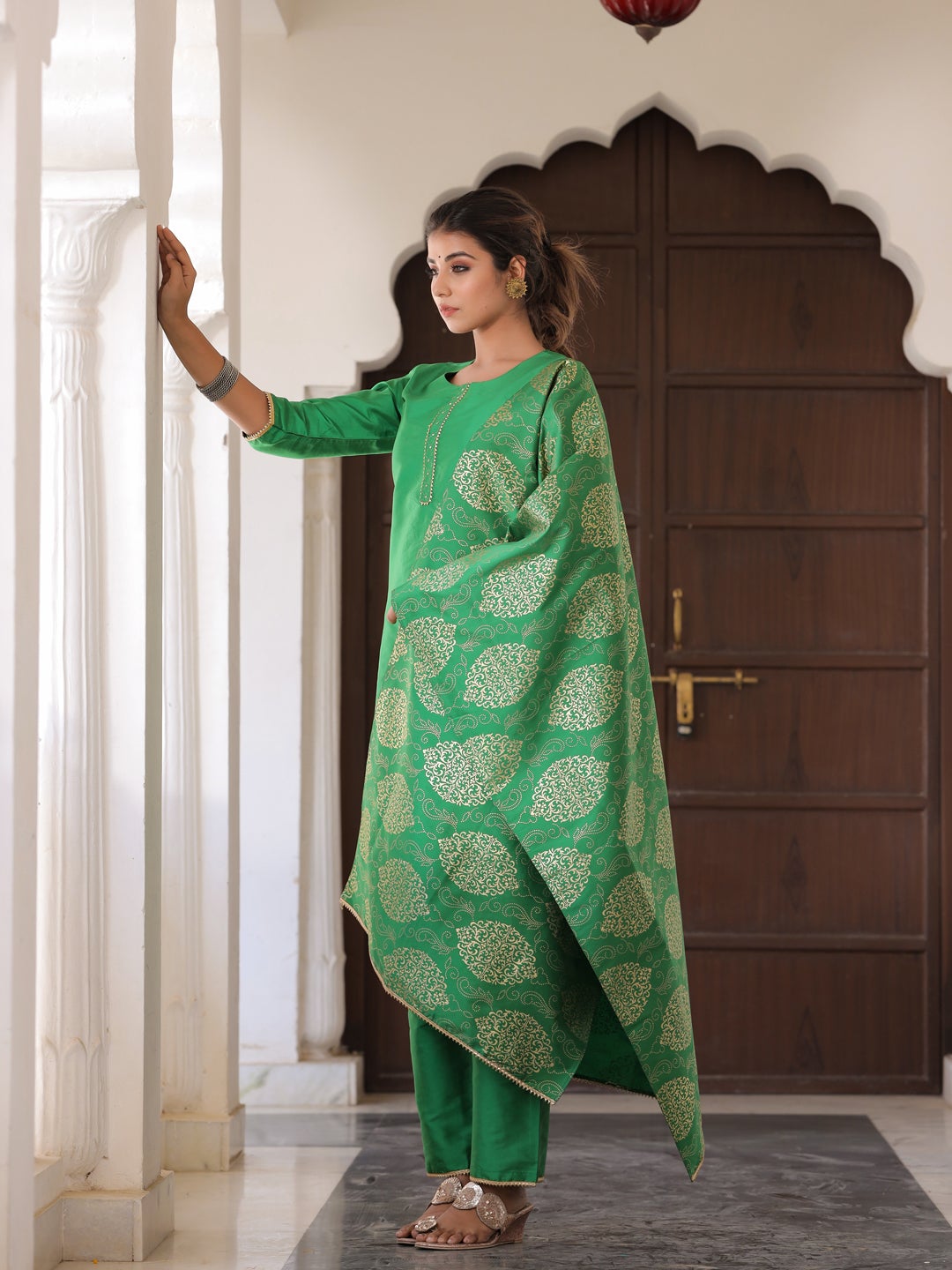 Green Solid Straight Kurta with Gotta work on Palazzo & Printed Dupatta
