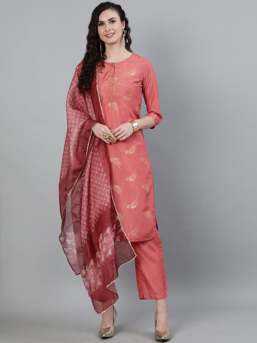 Pink Ethnic Motifs Print Silk Blend Kurta with Pants & Dupatta