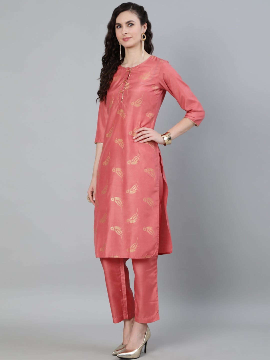 Pink Ethnic Motifs Print Silk Blend Kurta with Pants & Dupatta