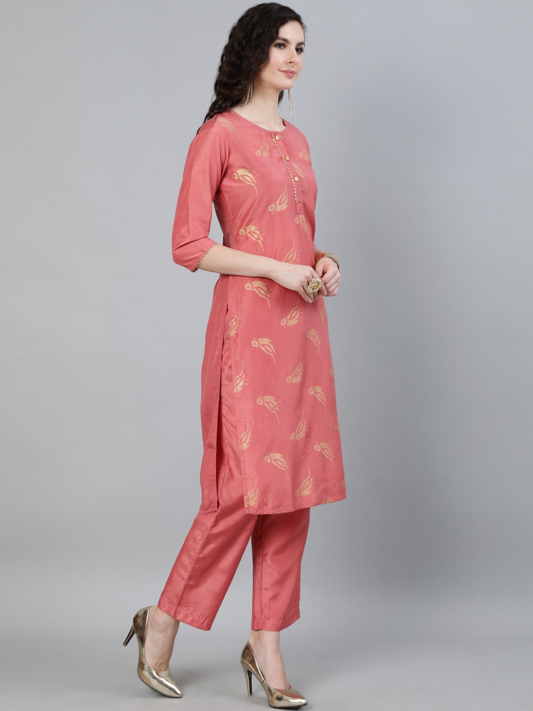 Pink Ethnic Motifs Print Silk Blend Kurta with Pants & Dupatta