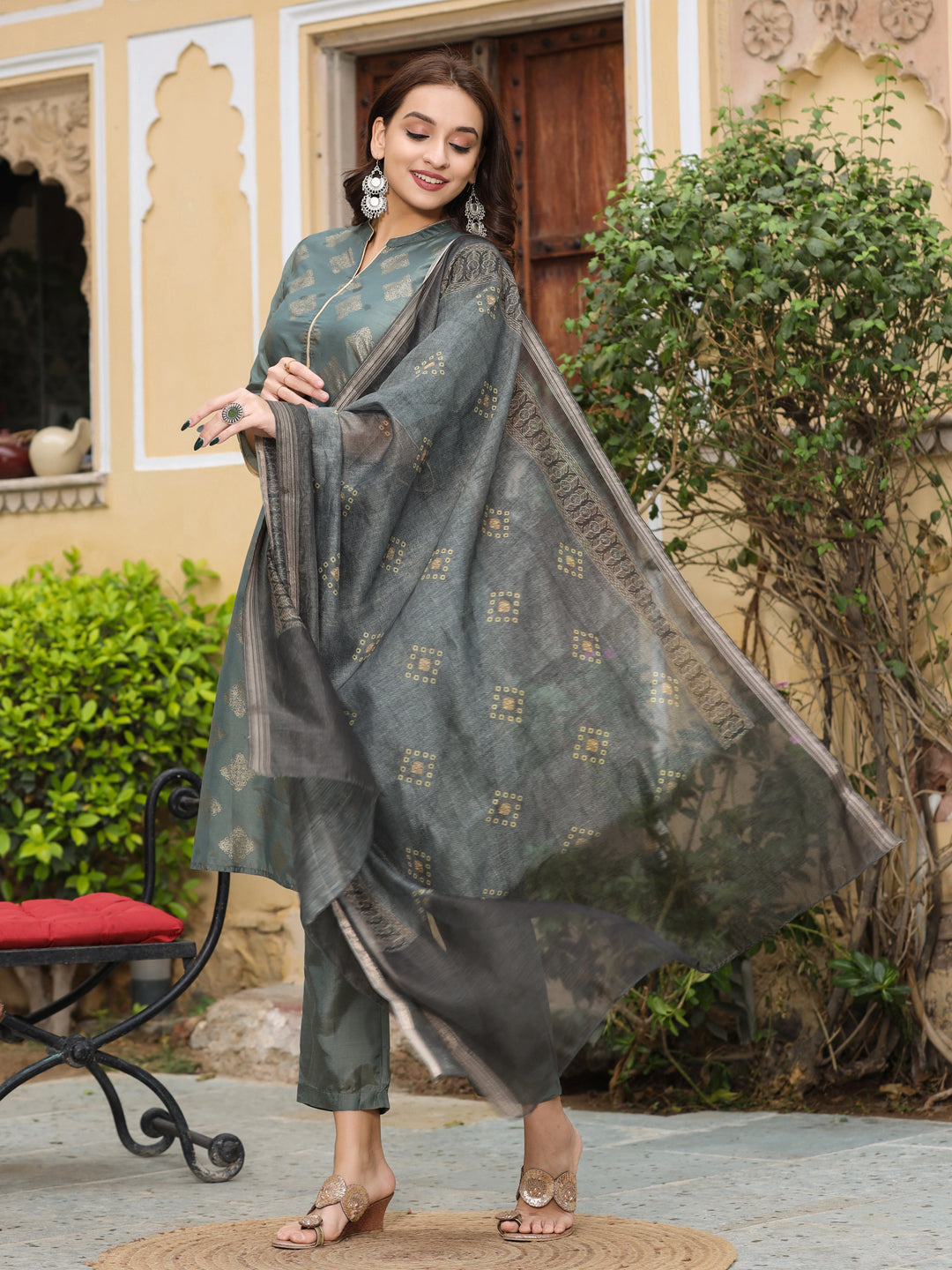 Grey Ethnic Motifs Print Silk Blend Kurta with Pants & Dupatta