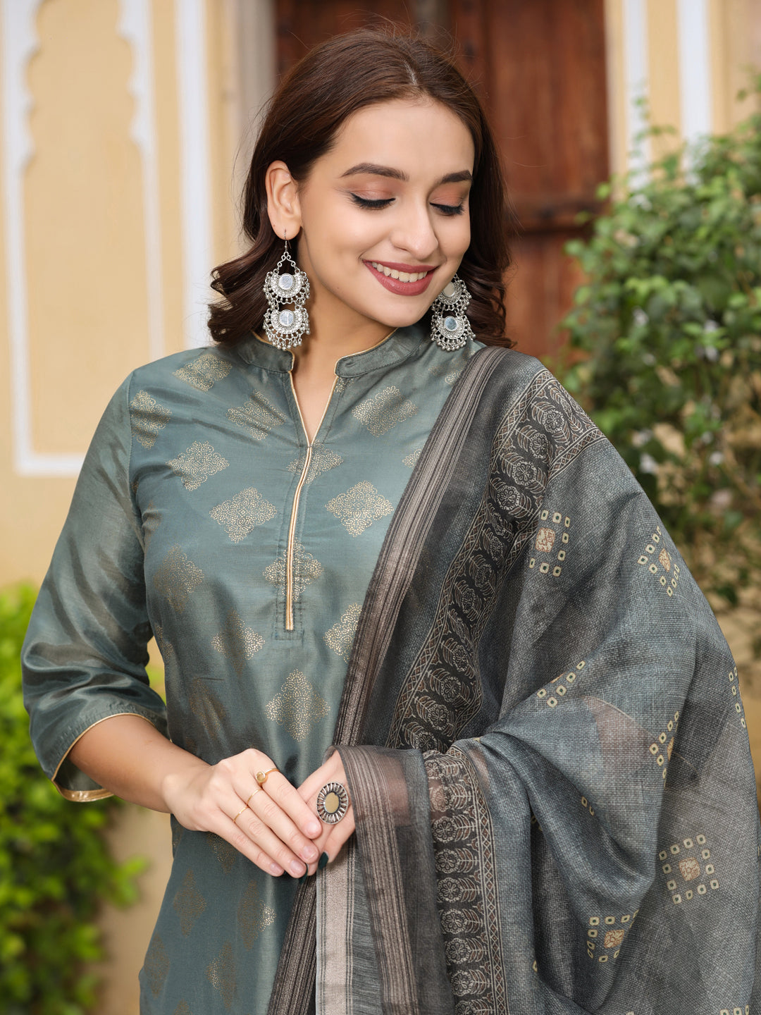 Grey Ethnic Motifs Print Silk Blend Kurta with Pants & Dupatta