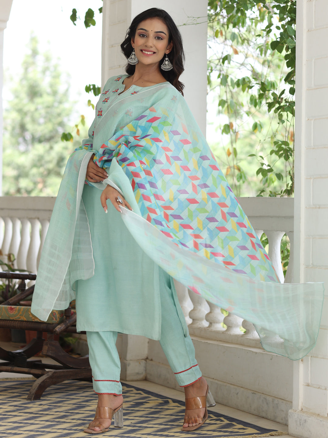 Aqua Blue Embroidered Kurta With Palazzo And Linen Printed Dupatta