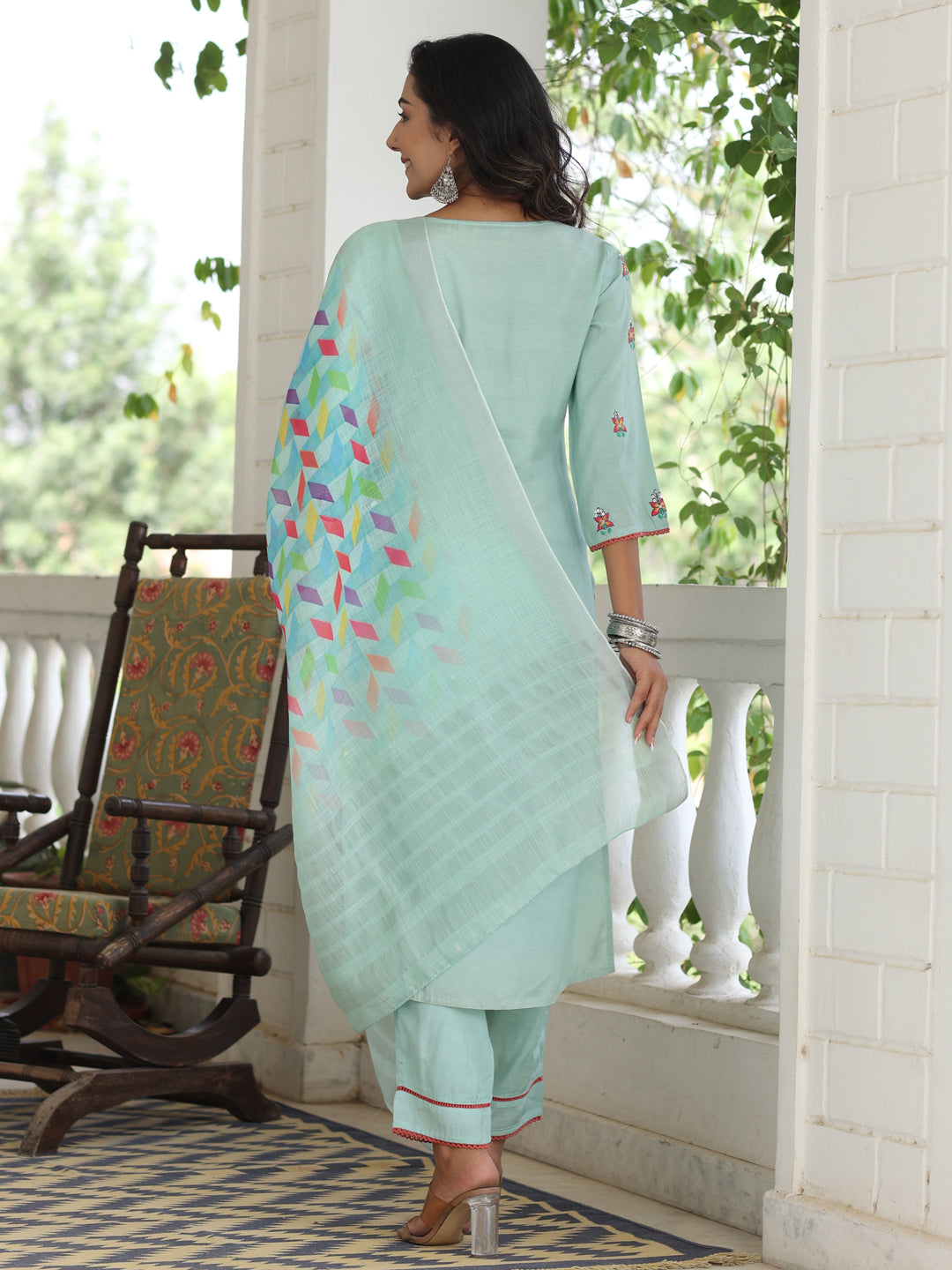 Aqua Blue Embroidered Kurta With Palazzo And Linen Printed Dupatta