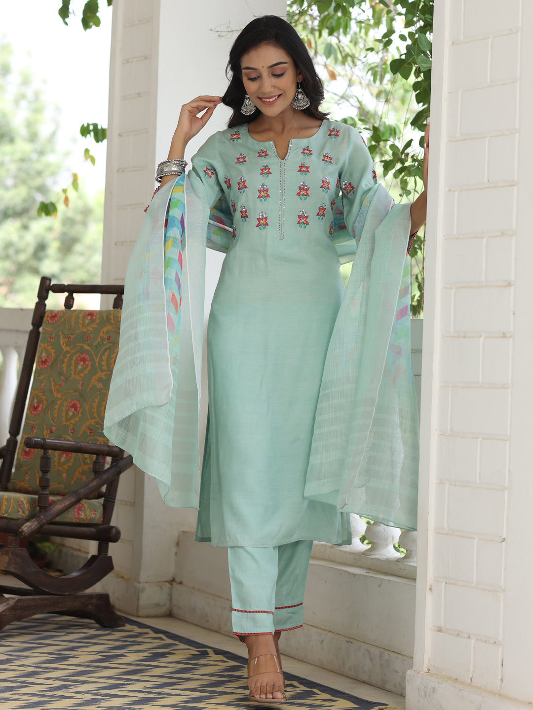 Aqua Blue Embroidered Kurta With Palazzo And Linen Printed Dupatta