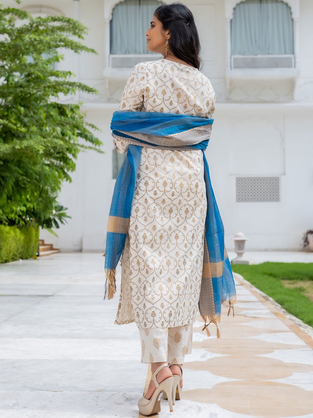 Off-White & Gold Printed Straight Kurta with Pants & Dupatta