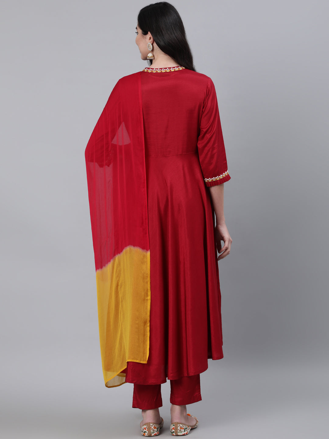 Maroon Embroired Flared Kurta With Palazzo And Chiffon Dupatta