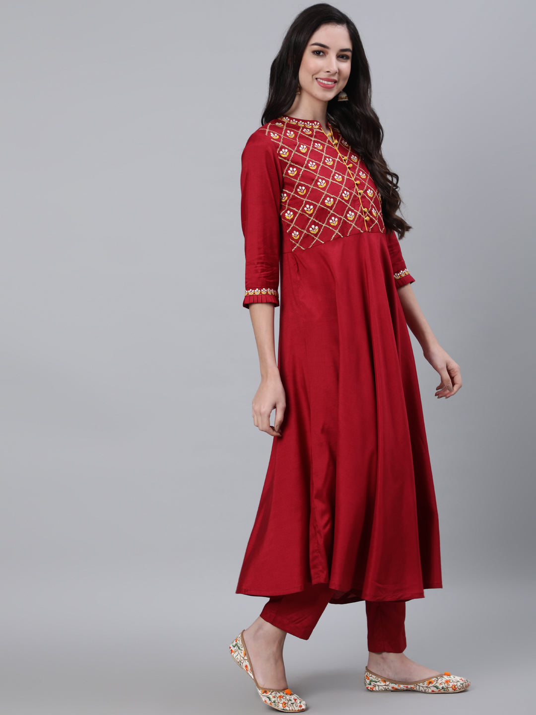 Maroon Embroired Flared Kurta With Palazzo And Chiffon Dupatta