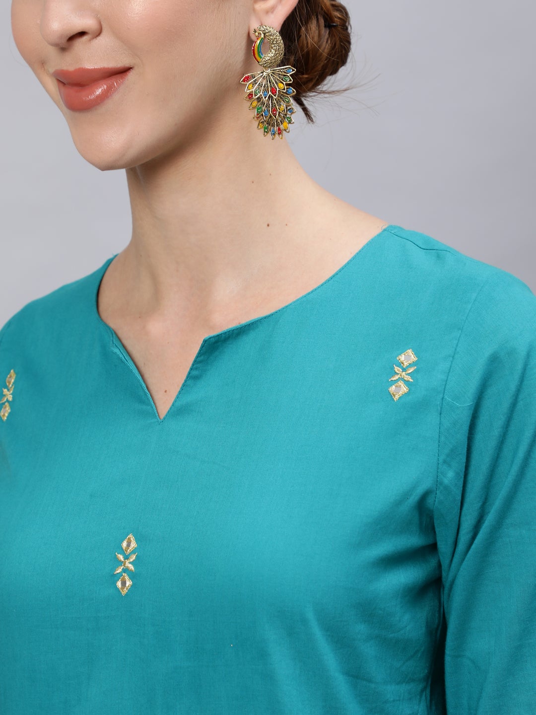 Turquoise Solid Embroidered Cotton Flared Kurta with Palazzos