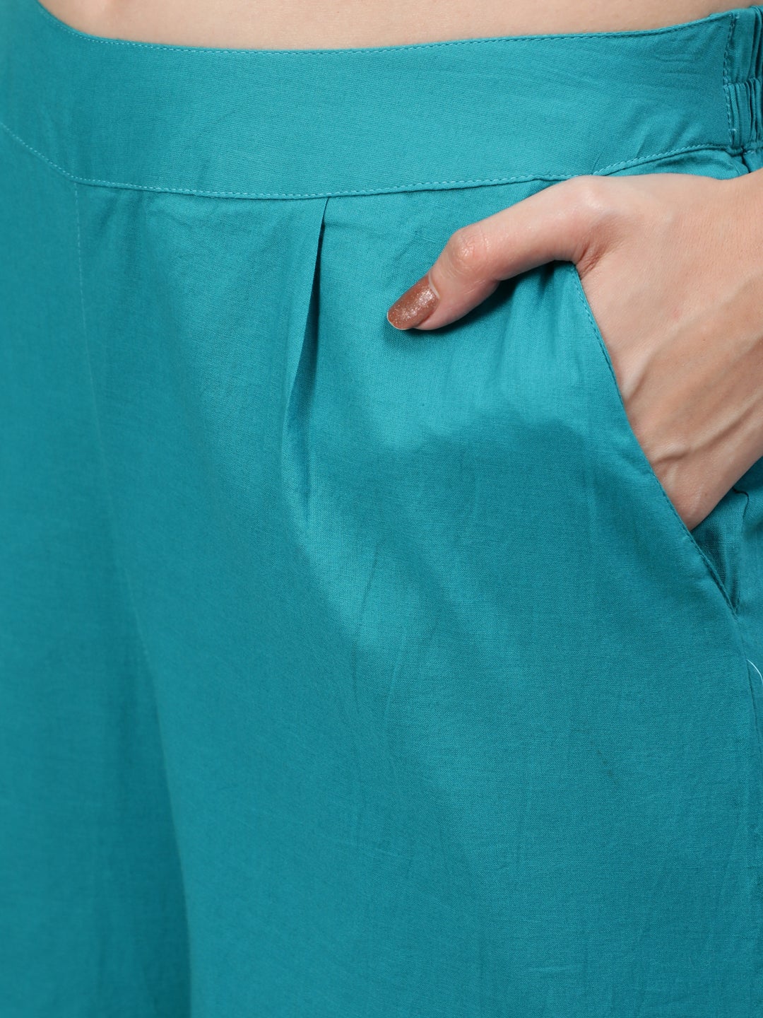 Turquoise Solid Embroidered Cotton Flared Kurta with Palazzos