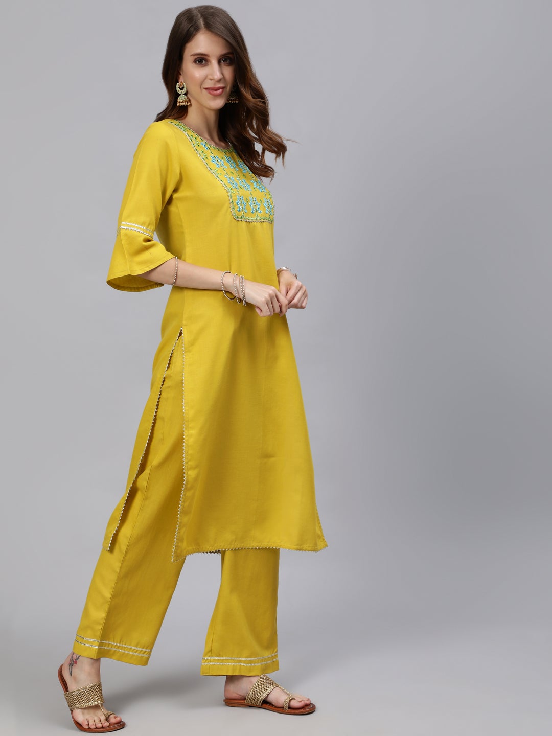 Mustard Solid Embroidered Poly Silk Kurta with Palazzos & Chanderi Dupatta